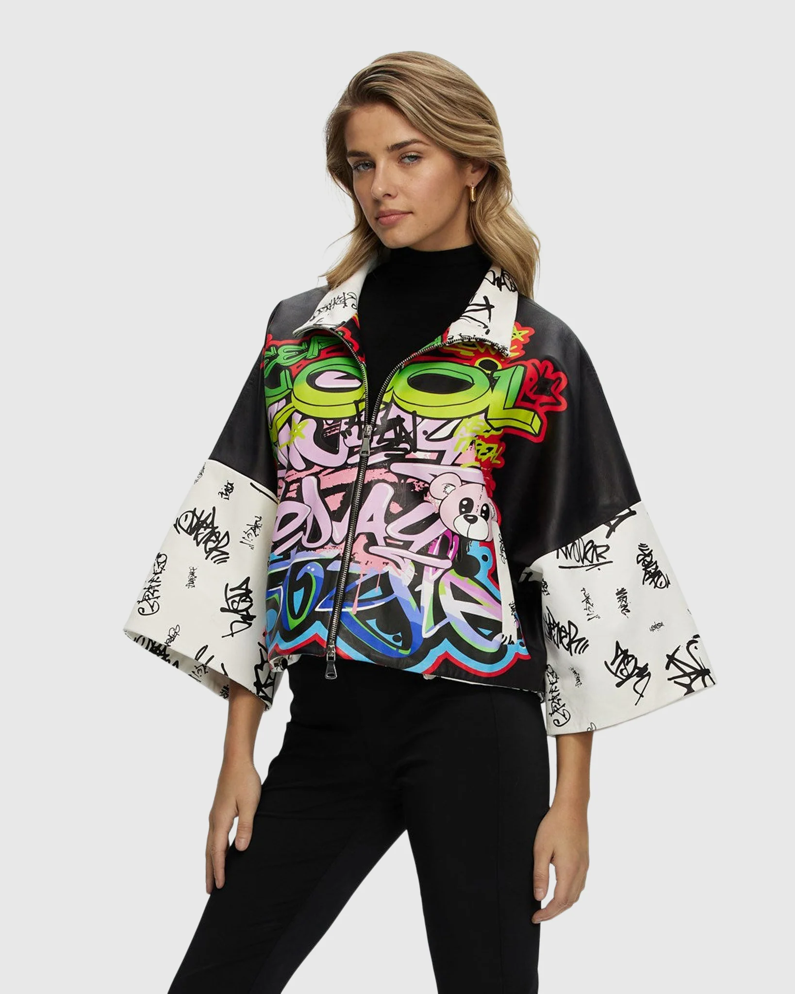 Leather Zip Jacket With Cropped Sleeves - Image 3