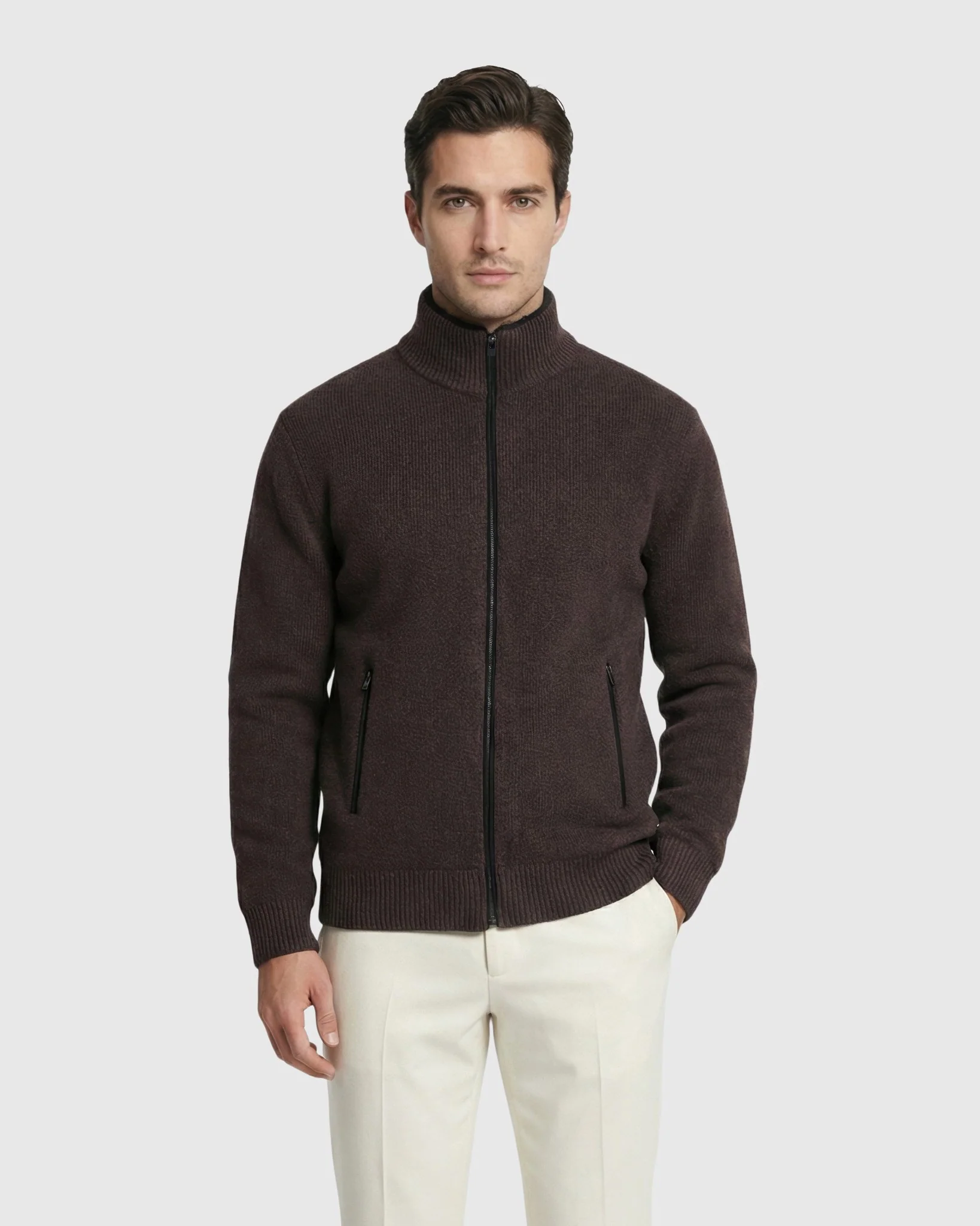 MEN`S KNIT JACKET, QUILTED DOWN-FILLED LINED, DETACHABLE SELECT SHEARLING LAMB COLLAR