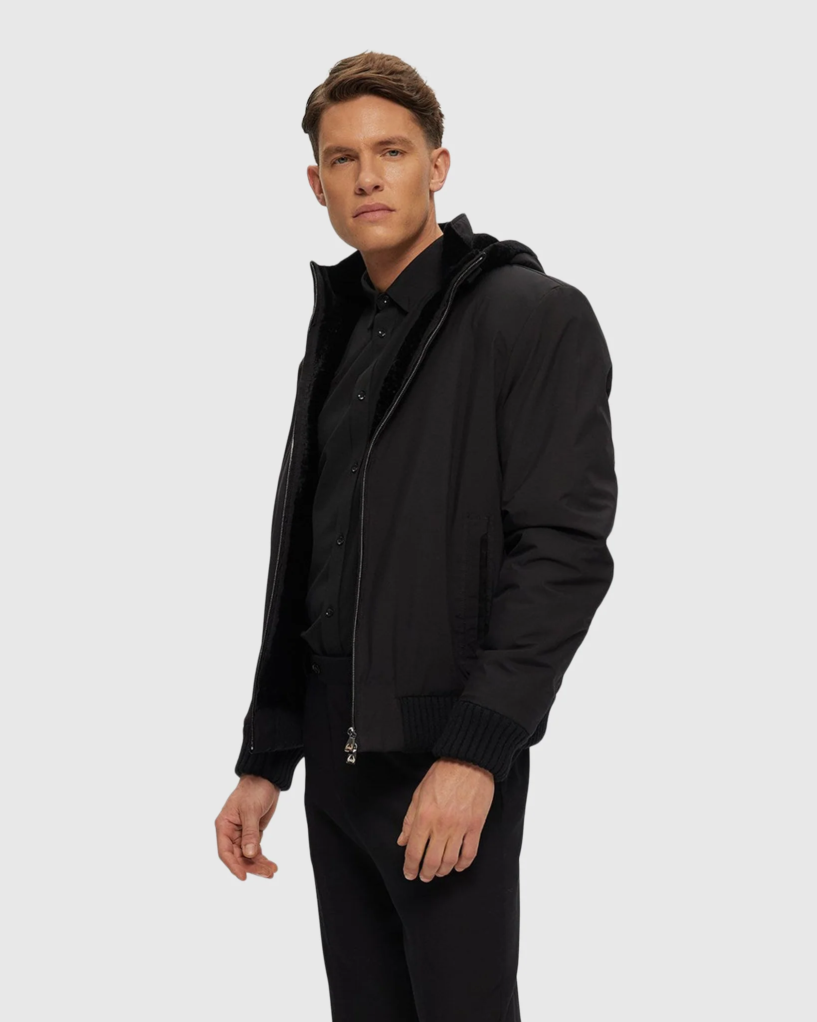 MENS FABRIC JACKET WITH LAMB LINING AND DETACHABLE HOOD - Image 3