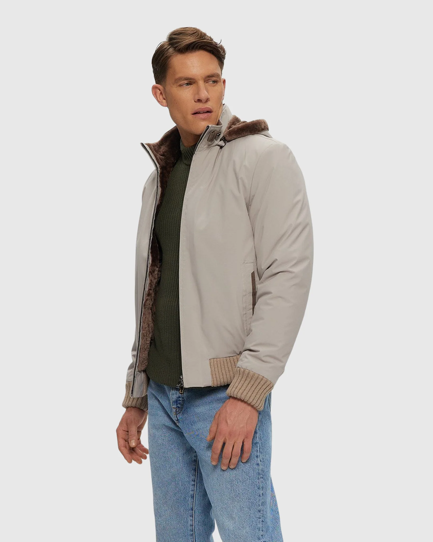 MENS FABRIC JACKET WITH LAMB LINING AND DETACHABLE HOOD - Image 6