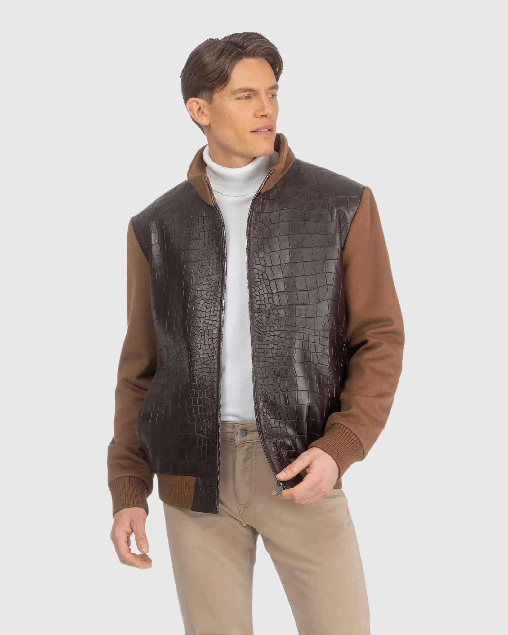 MENS LORO PIANA WOOL JACKET WITH CROCO EMBOSSED NAPPA LEATHER FRONT - Image 11