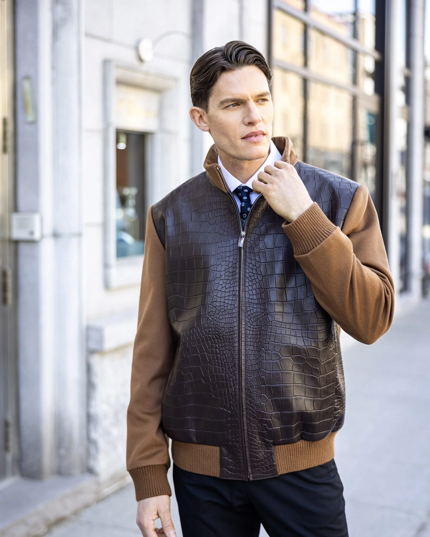 MENS LORO PIANA WOOL JACKET WITH CROCO EMBOSSED NAPPA LEATHER FRONT - Image 14