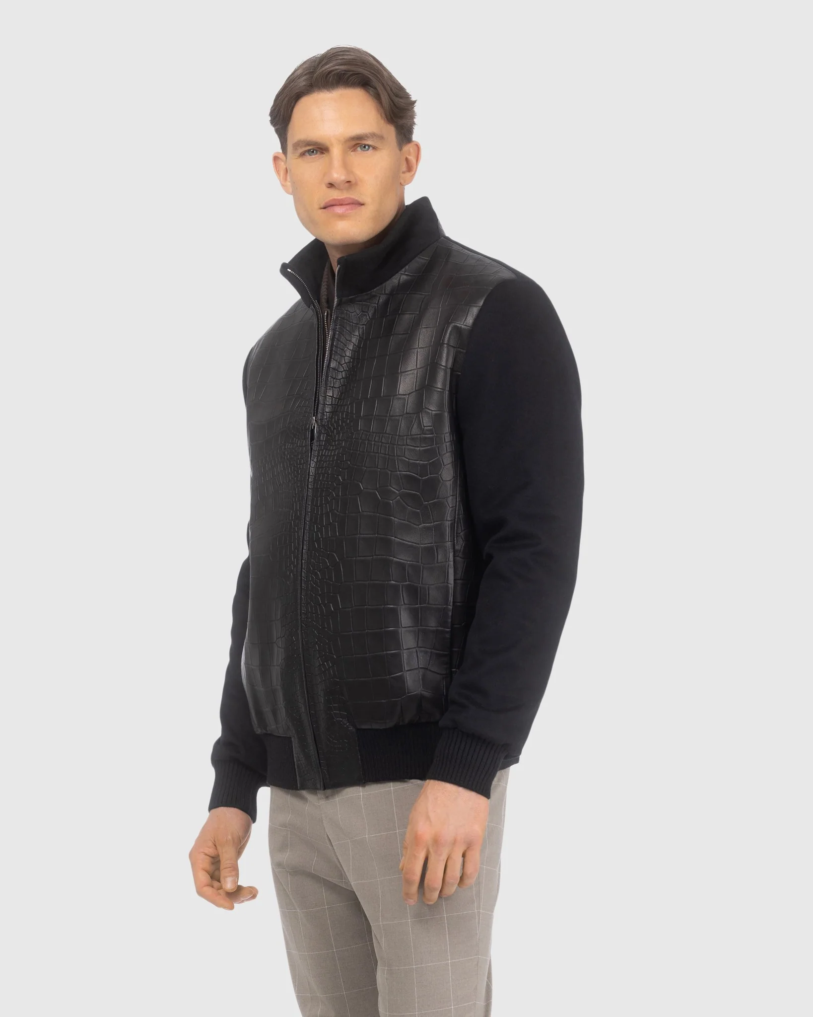 MENS LORO PIANA WOOL JACKET WITH CROCO EMBOSSED NAPPA LEATHER FRONT - Image 3