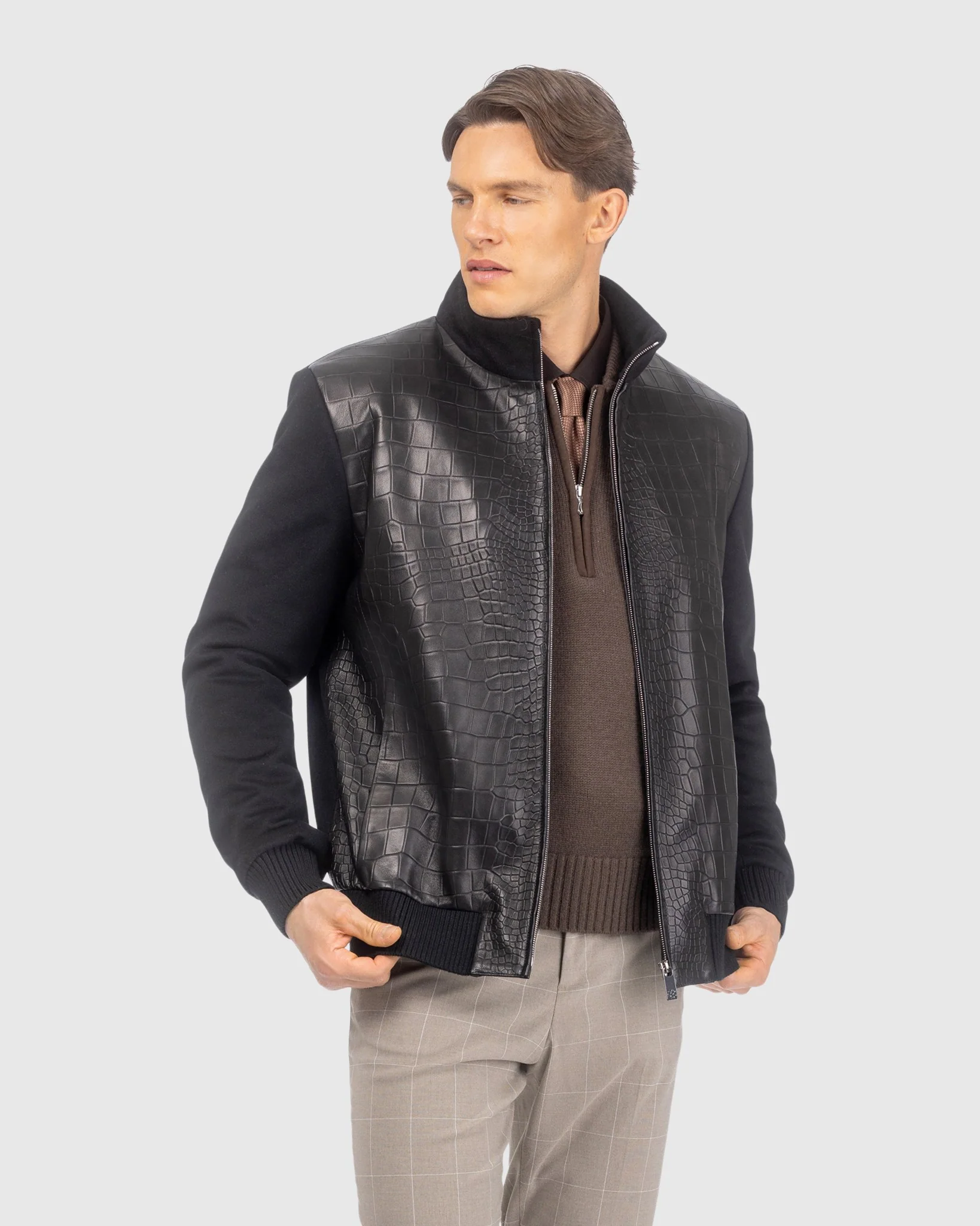 MENS LORO PIANA WOOL JACKET WITH CROCO EMBOSSED NAPPA LEATHER FRONT - Image 6