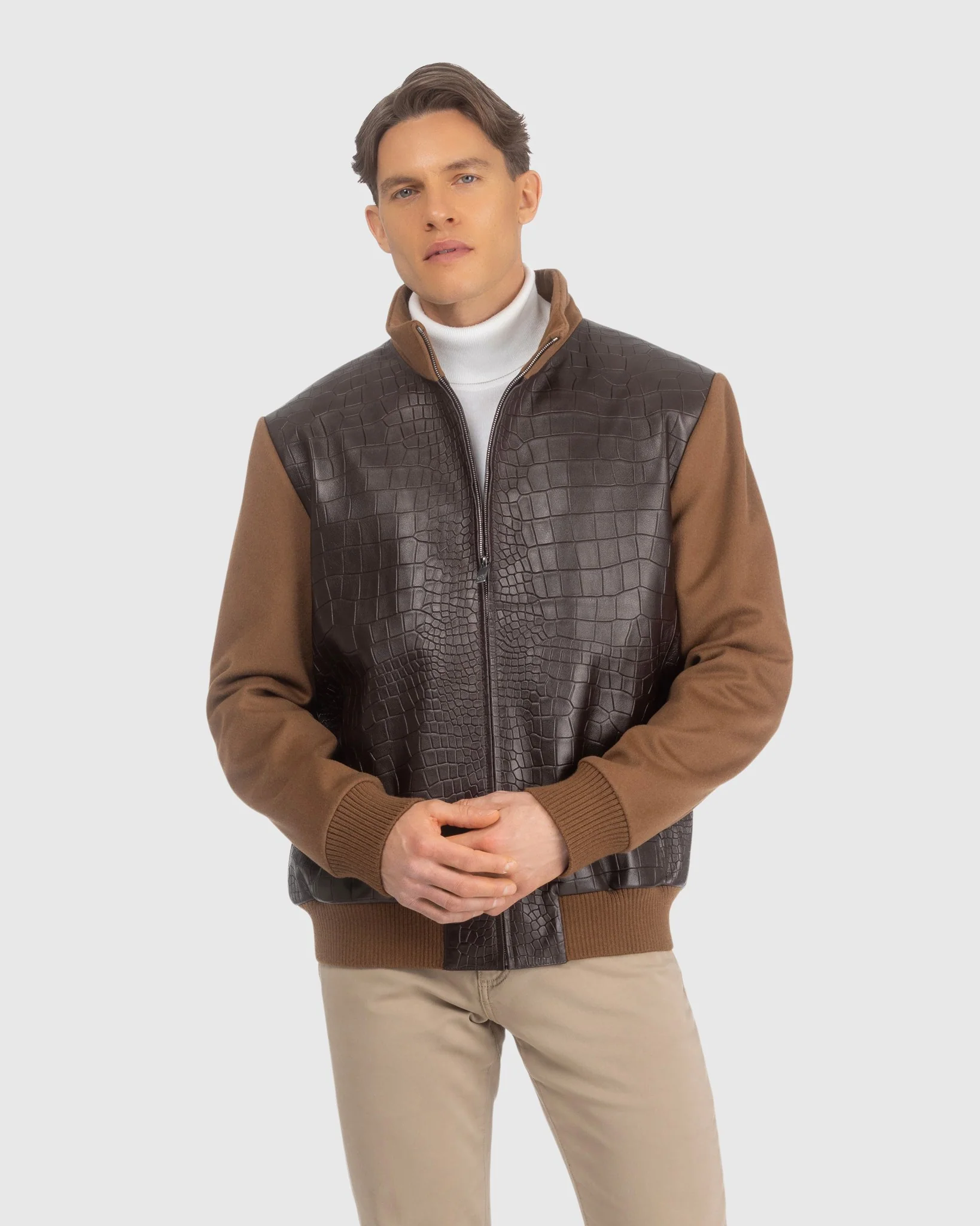 MENS LORO PIANA WOOL JACKET WITH CROCO EMBOSSED NAPPA LEATHER FRONT - Image 7