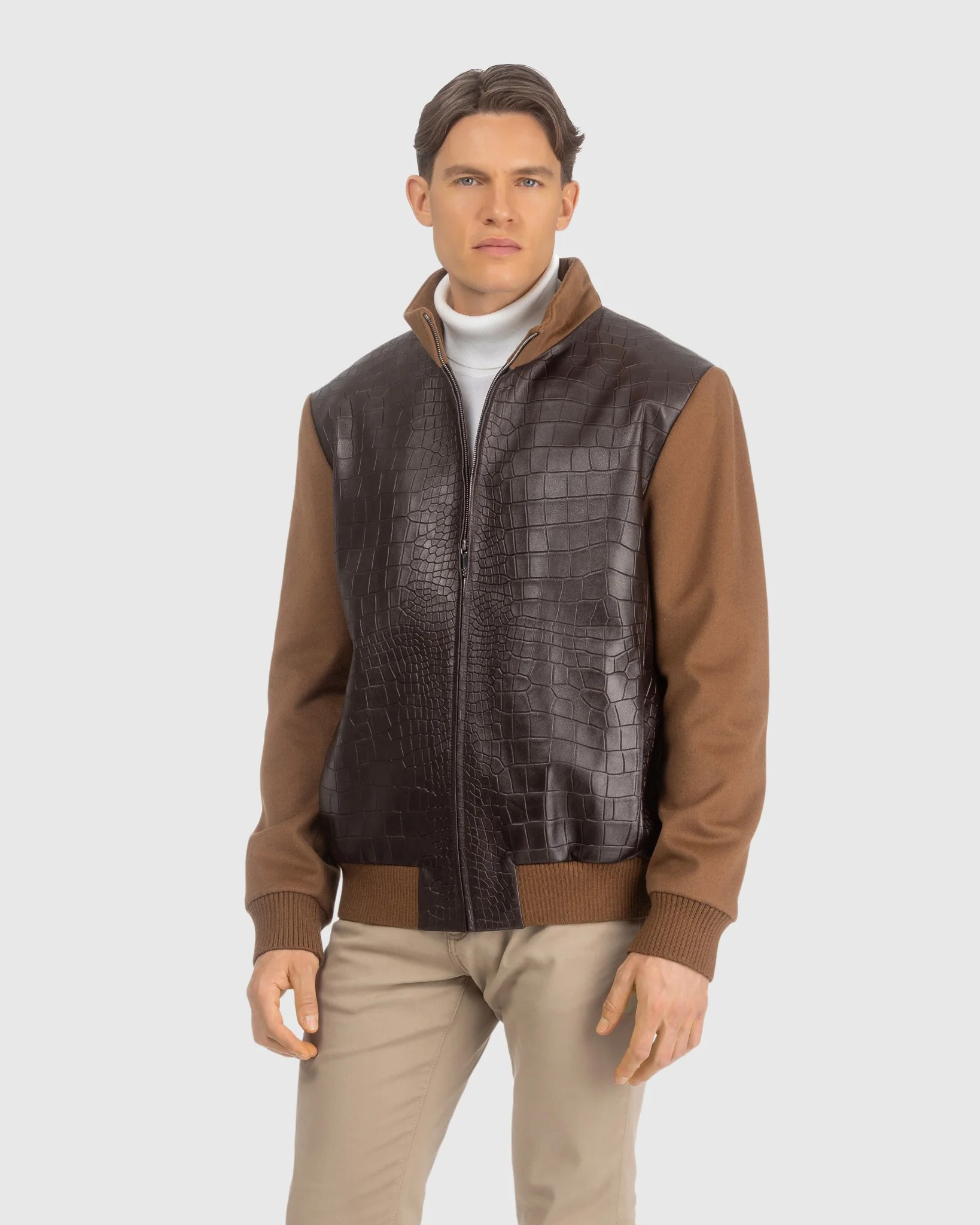 MENS LORO PIANA WOOL JACKET WITH CROCO EMBOSSED NAPPA LEATHER FRONT - Image 8