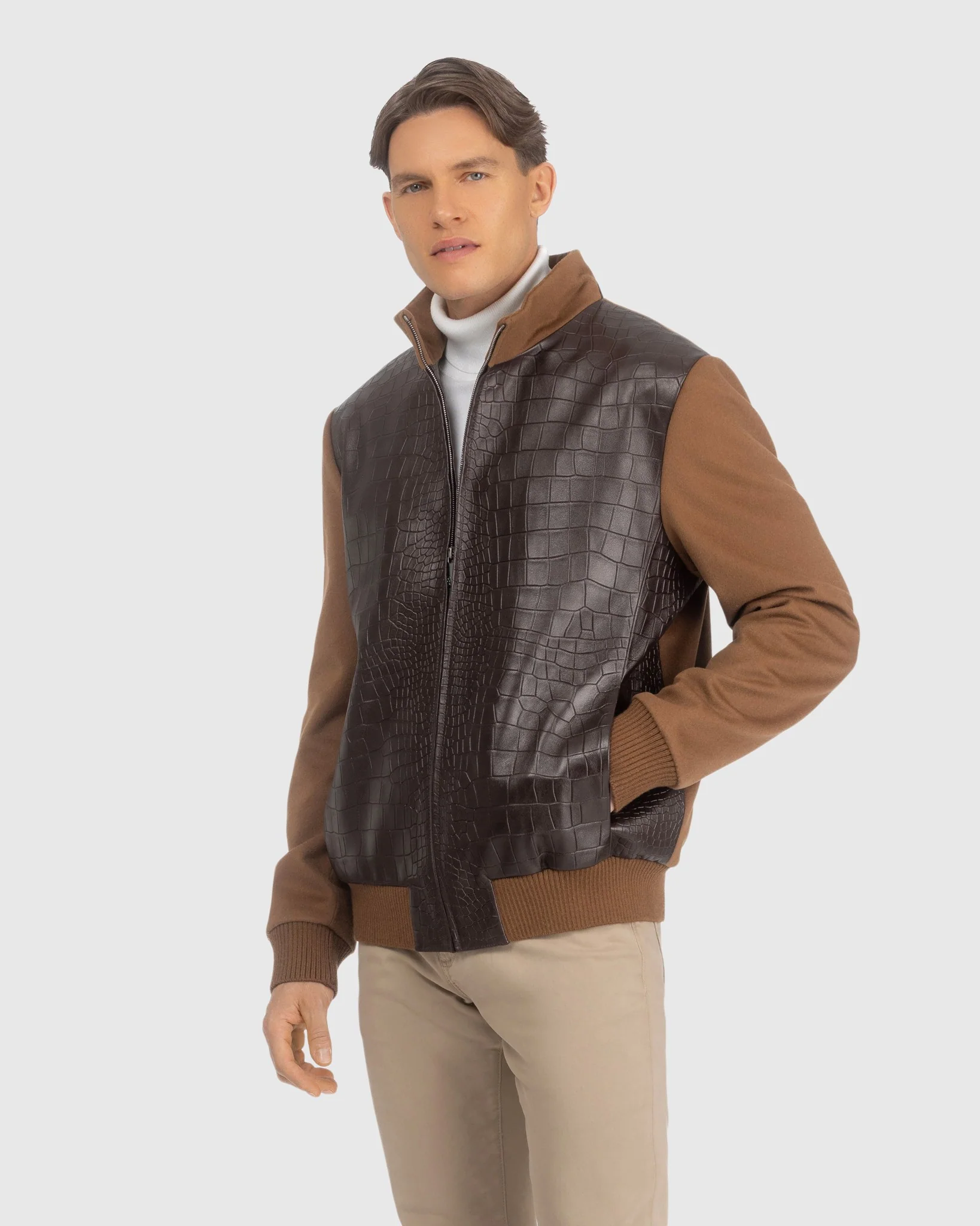 MENS LORO PIANA WOOL JACKET WITH CROCO EMBOSSED NAPPA LEATHER FRONT - Image 9