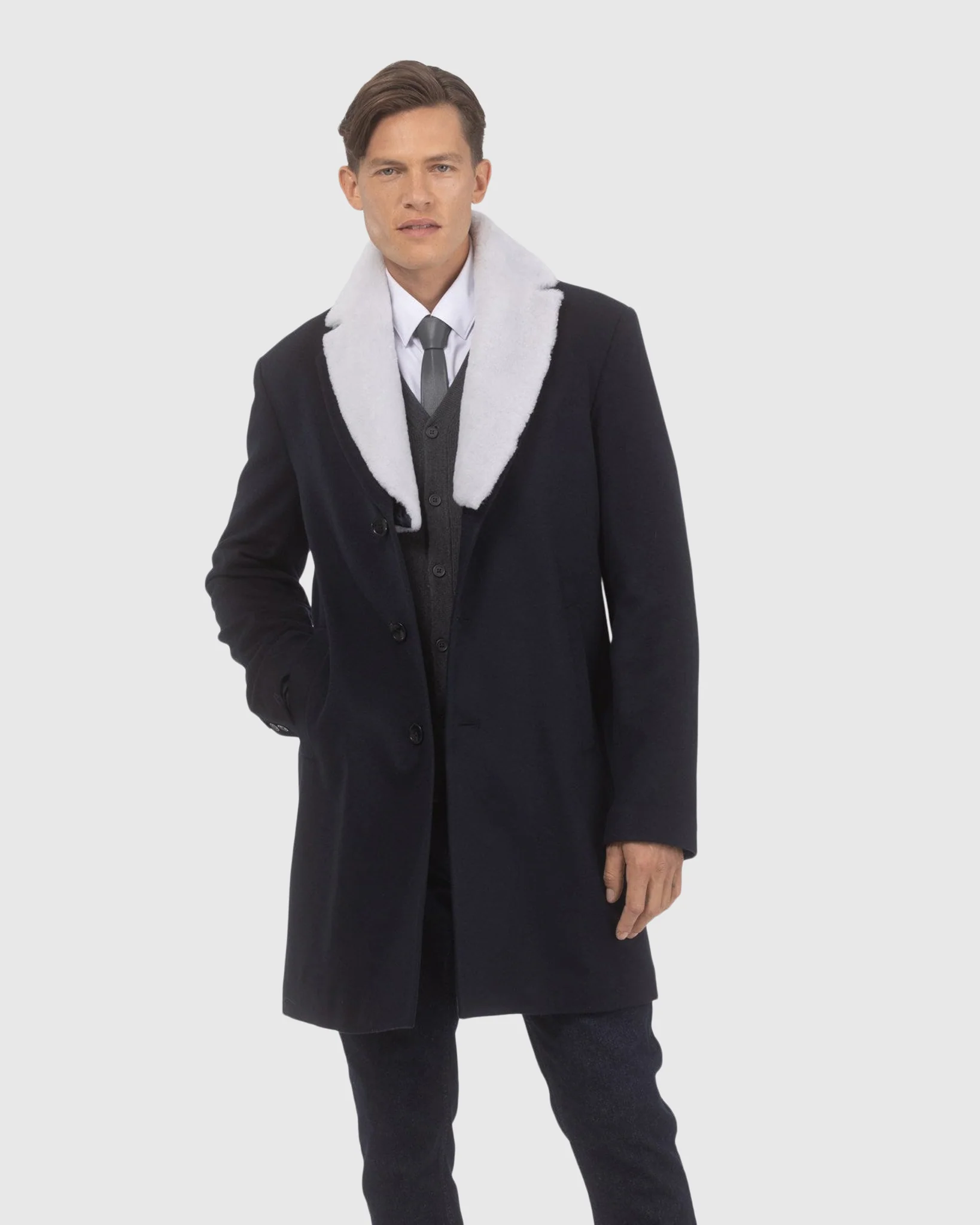 MENS LORO PIANA WOOL SHORT COAT WITH MERINO SHEARLING LAMB TRIM - Image 9