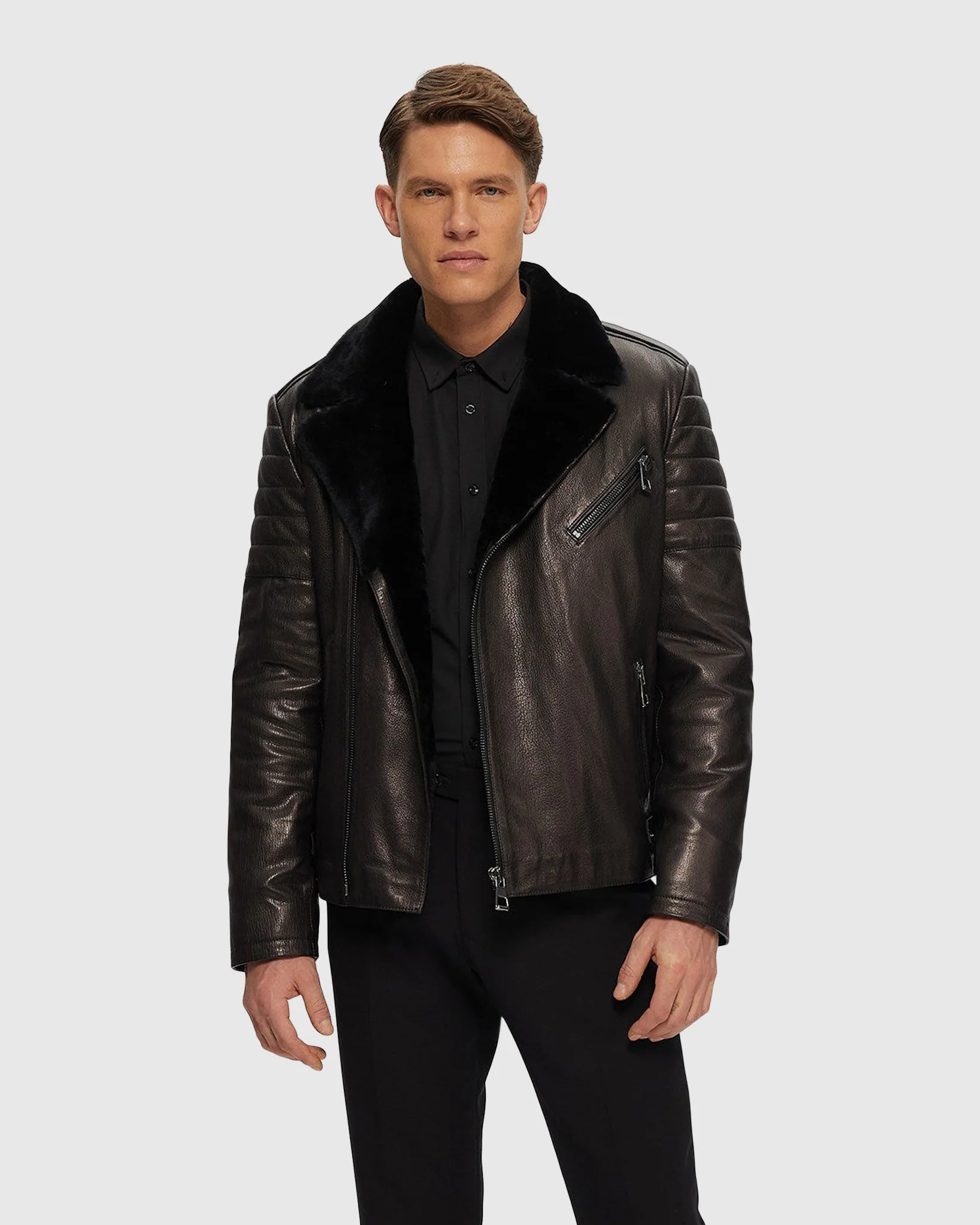 Mens Nappa Moto Jacket with Shearling Lamb Lining - Image 4