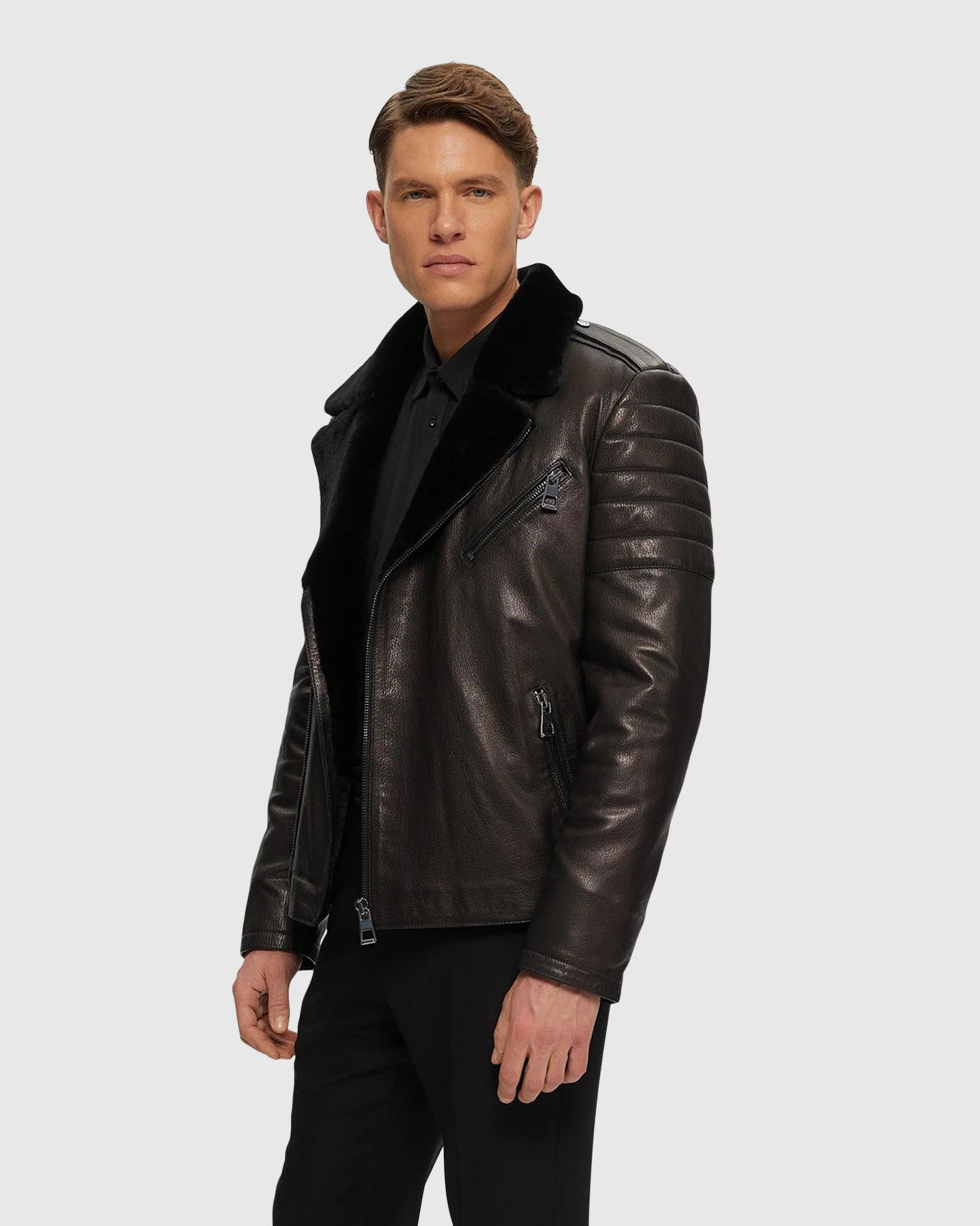 Mens Nappa Moto Jacket with Shearling Lamb Lining - Image 5