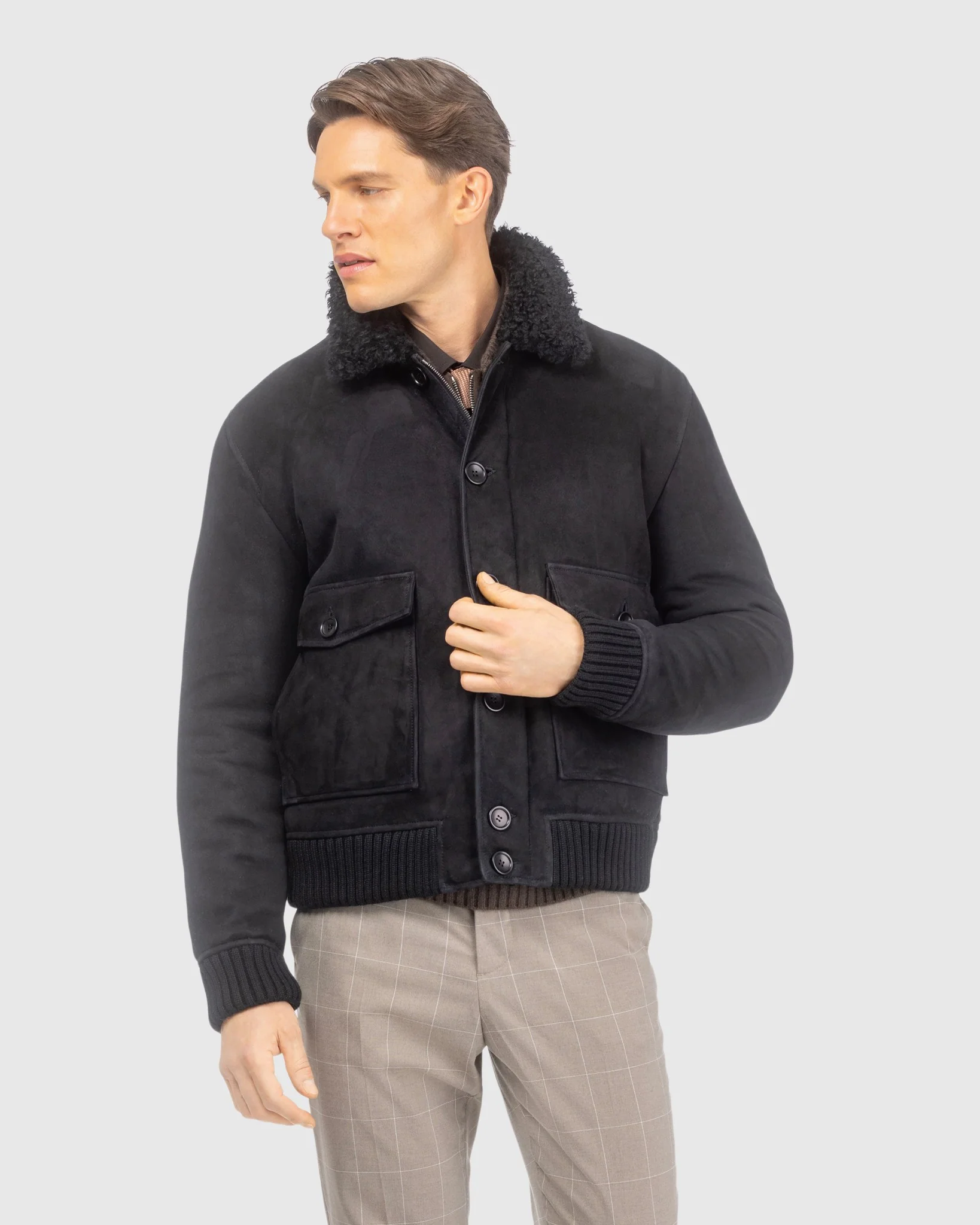 Mens Suede Shearling Lamb Bomber Jacket - Image 3