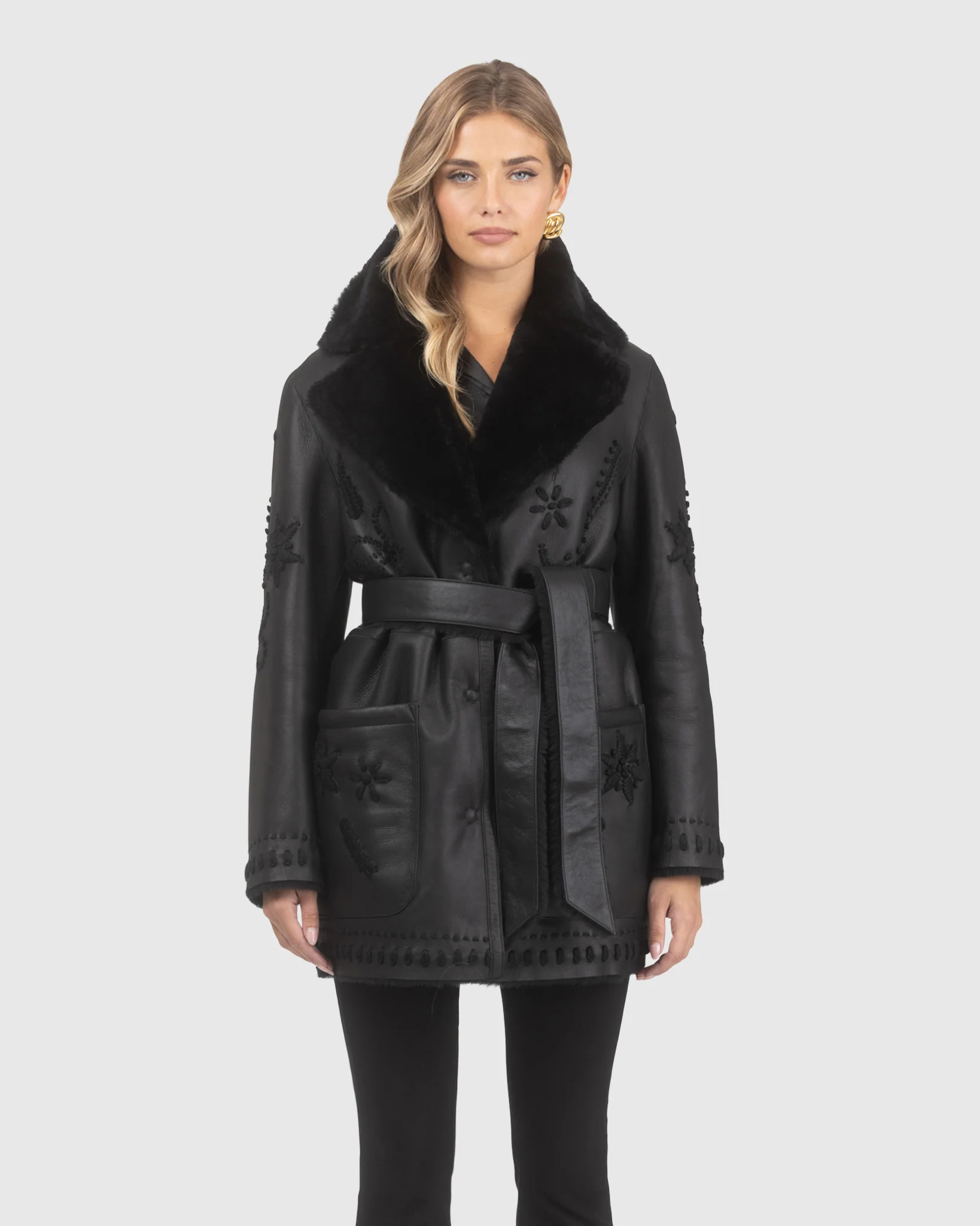 Merino Shearling Lamb Jacket With Embroidery, Belt