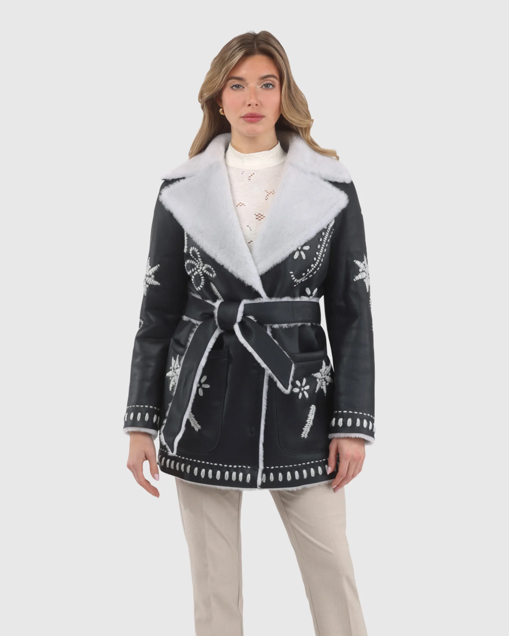 Merino Shearling Lamb Jacket With Embroidery, Belt - Image 10