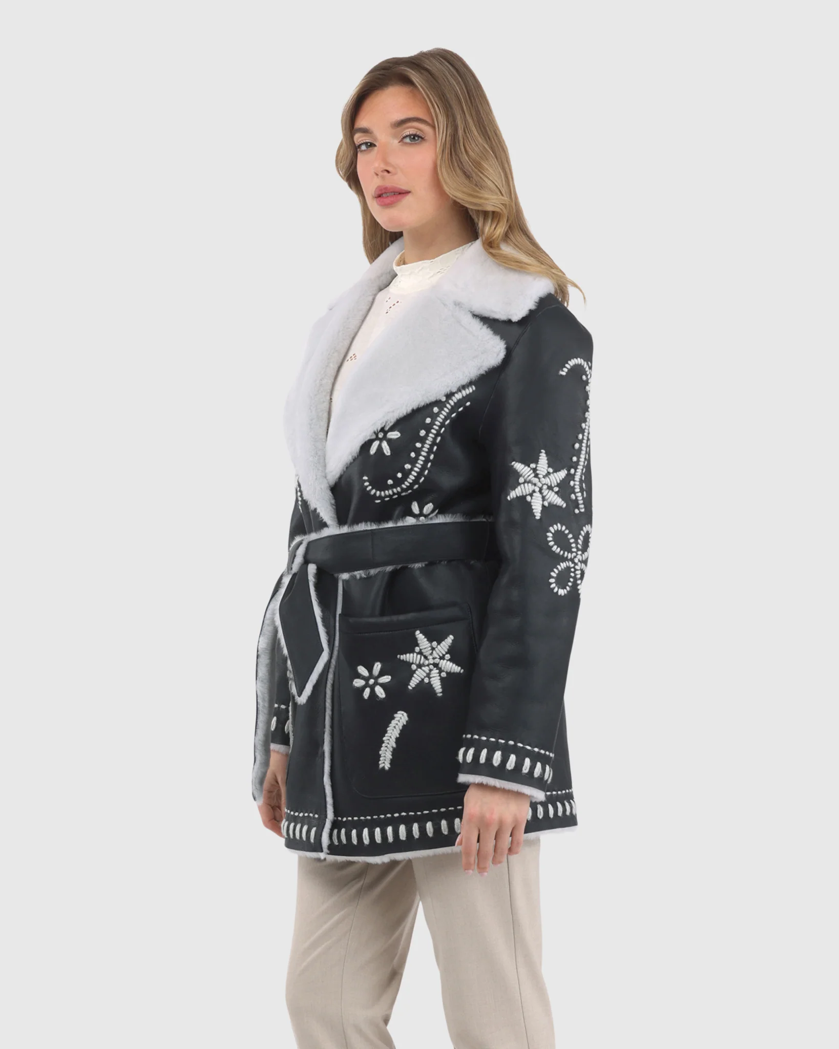 Merino Shearling Lamb Jacket With Embroidery, Belt - Image 11