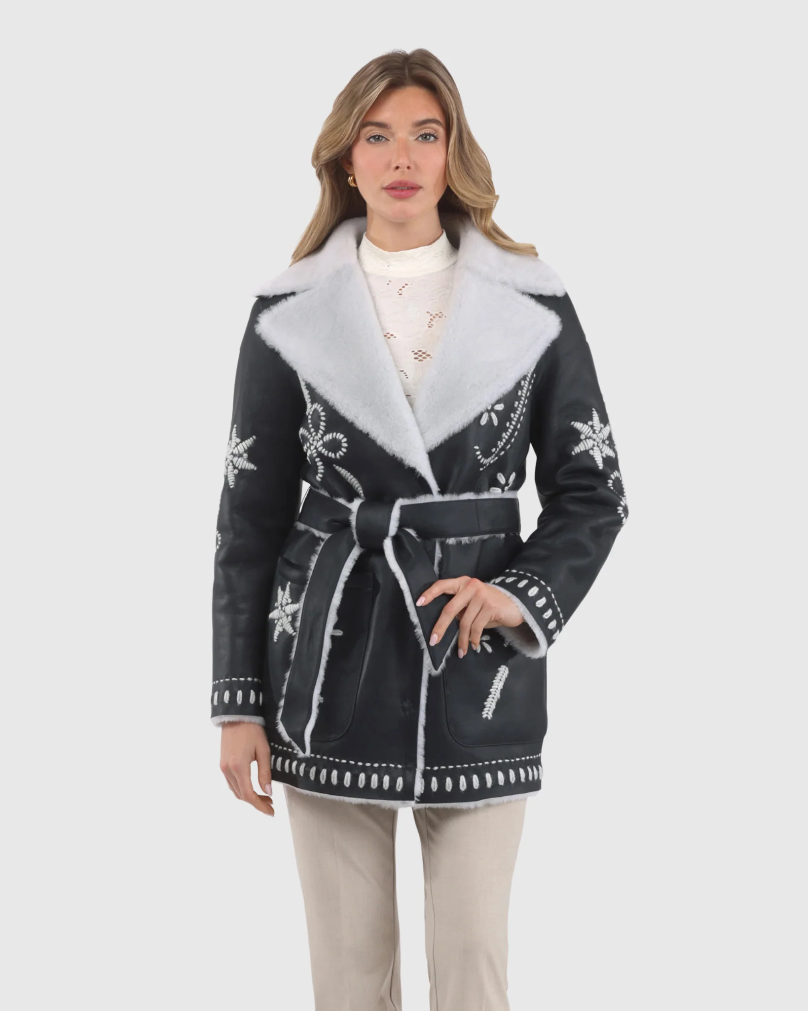Merino Shearling Lamb Jacket With Embroidery, Belt - Image 12