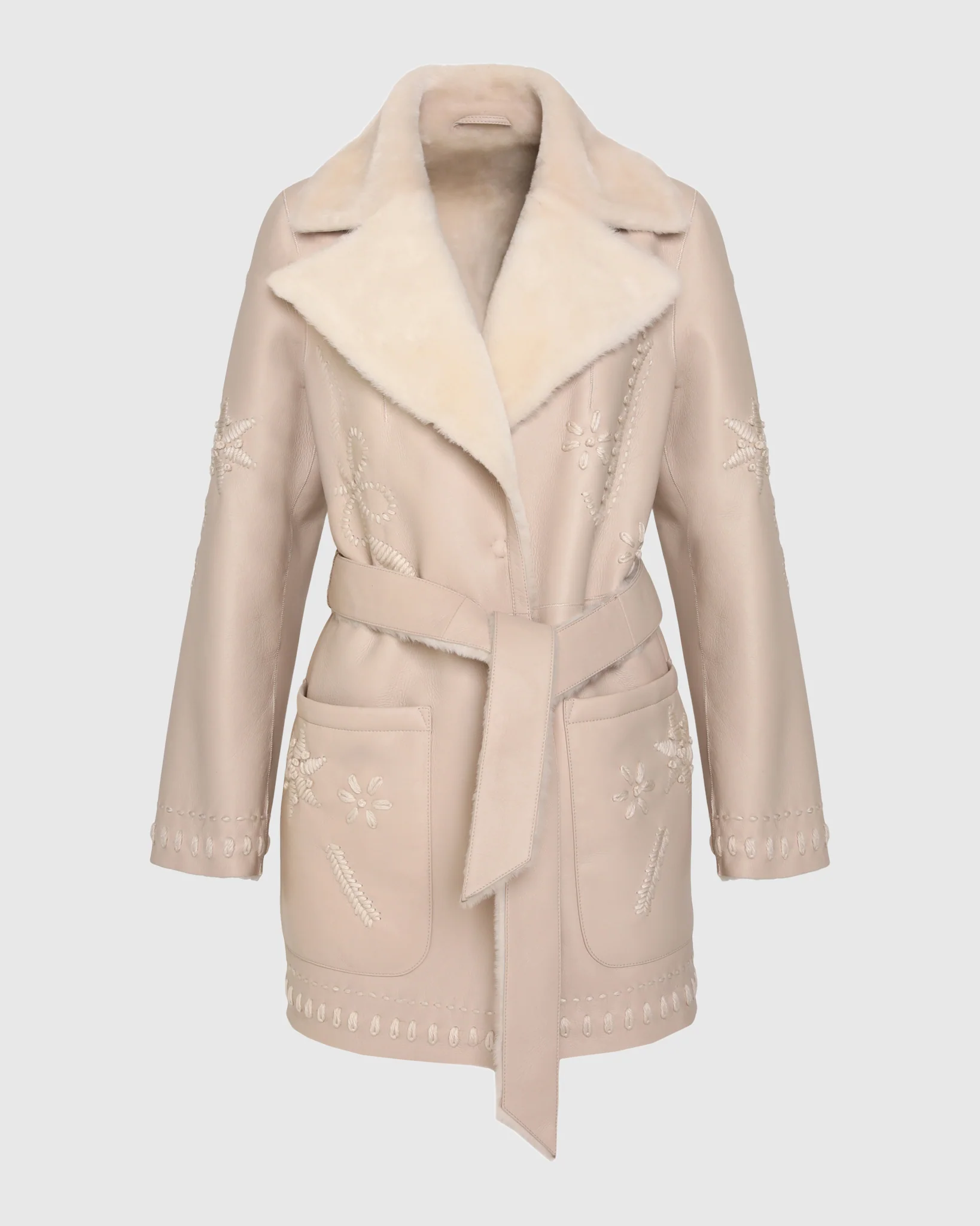 Merino Shearling Lamb Jacket With Embroidery, Belt - Image 14