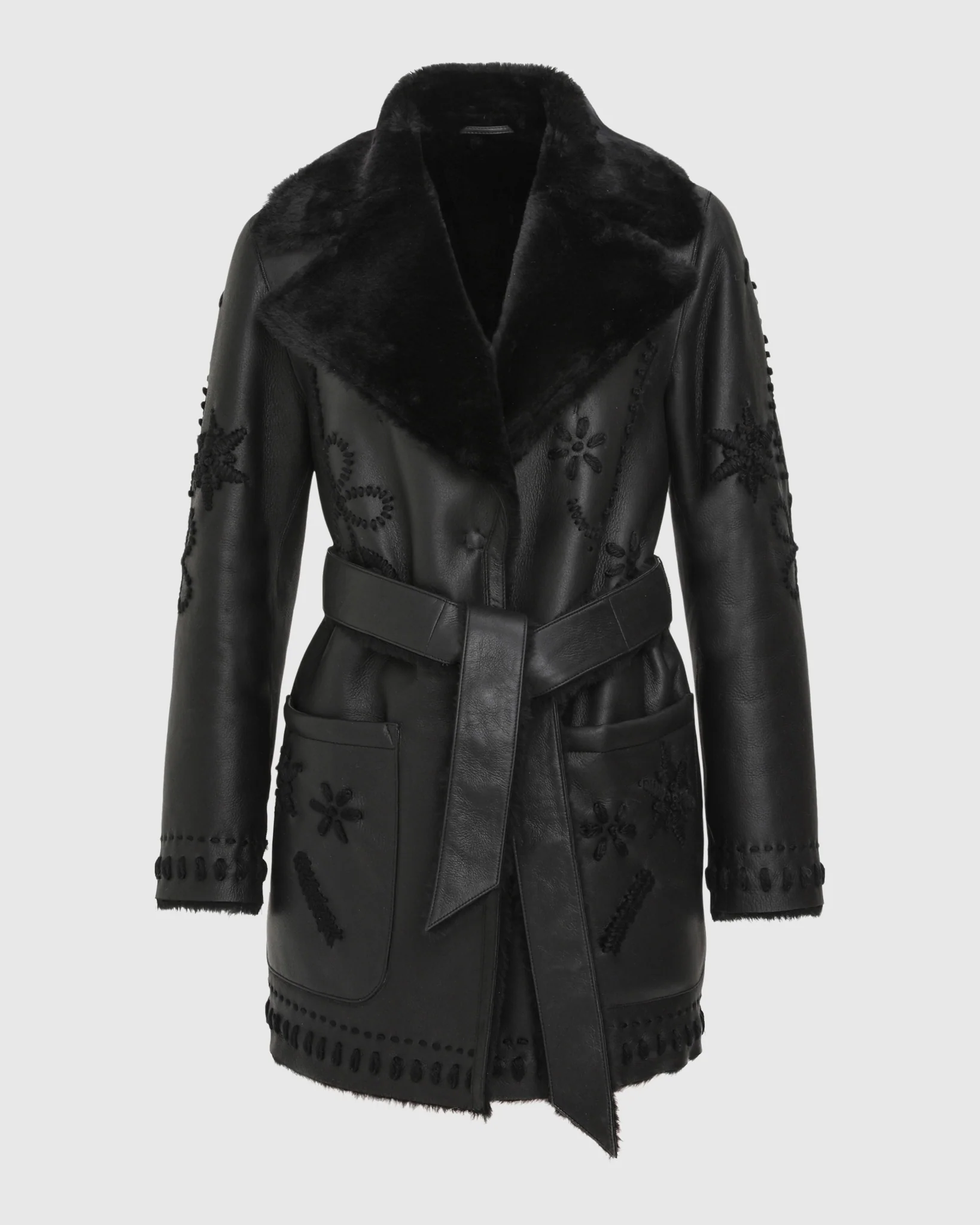 Merino Shearling Lamb Jacket With Embroidery, Belt - Image 15