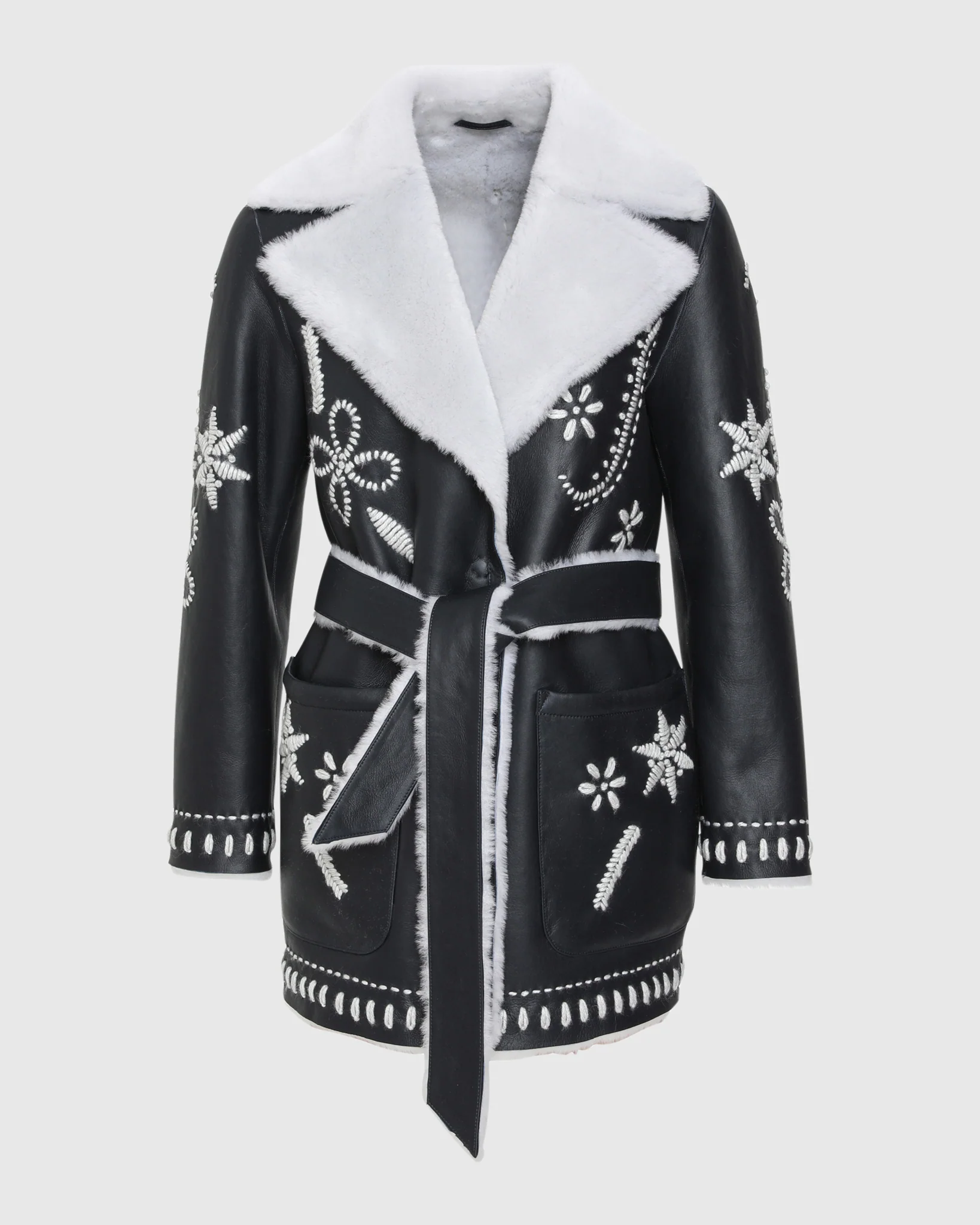 Merino Shearling Lamb Jacket With Embroidery, Belt - Image 16