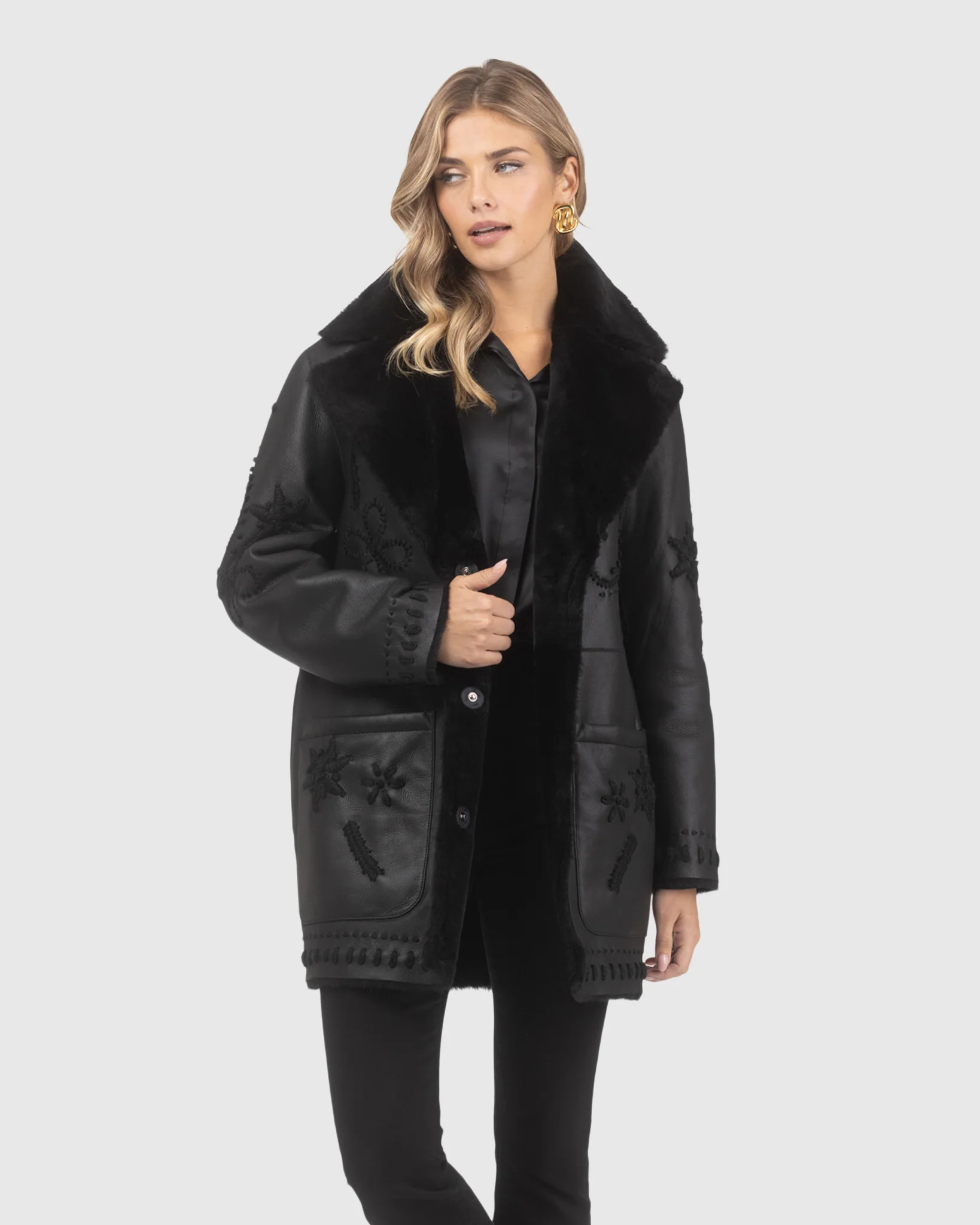 Merino Shearling Lamb Jacket With Embroidery, Belt - Image 2