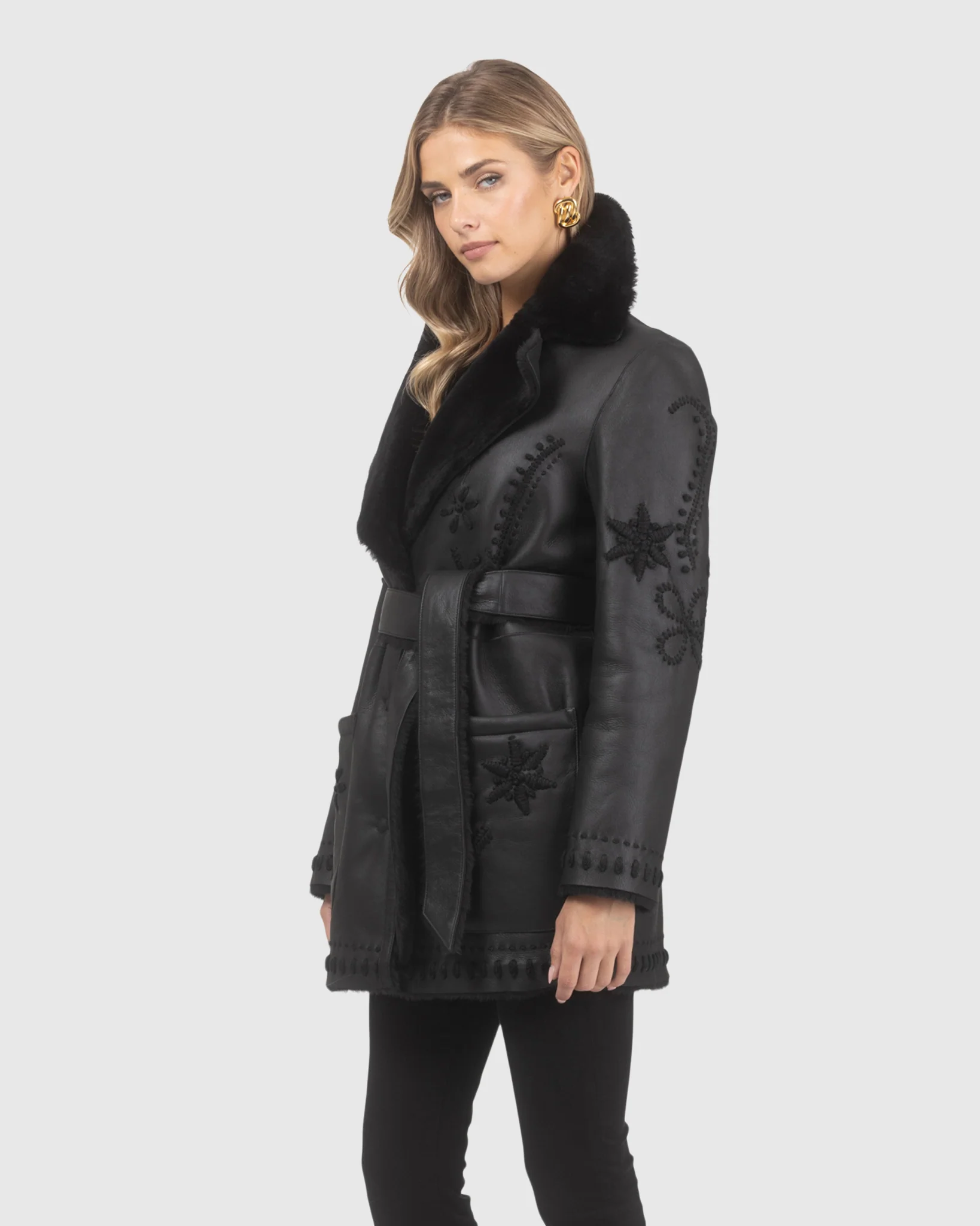 Merino Shearling Lamb Jacket With Embroidery, Belt - Image 3