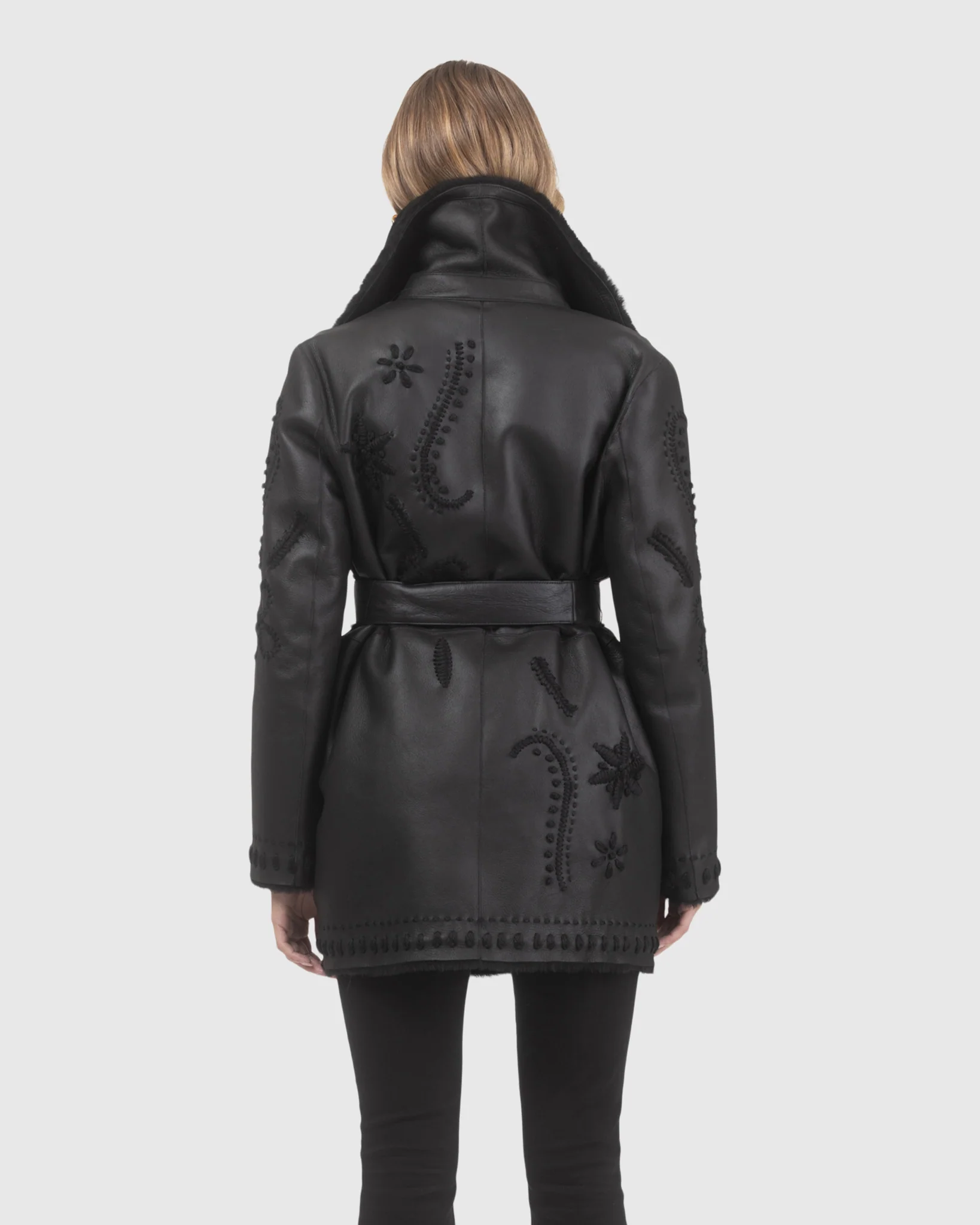 Merino Shearling Lamb Jacket With Embroidery, Belt - Image 4