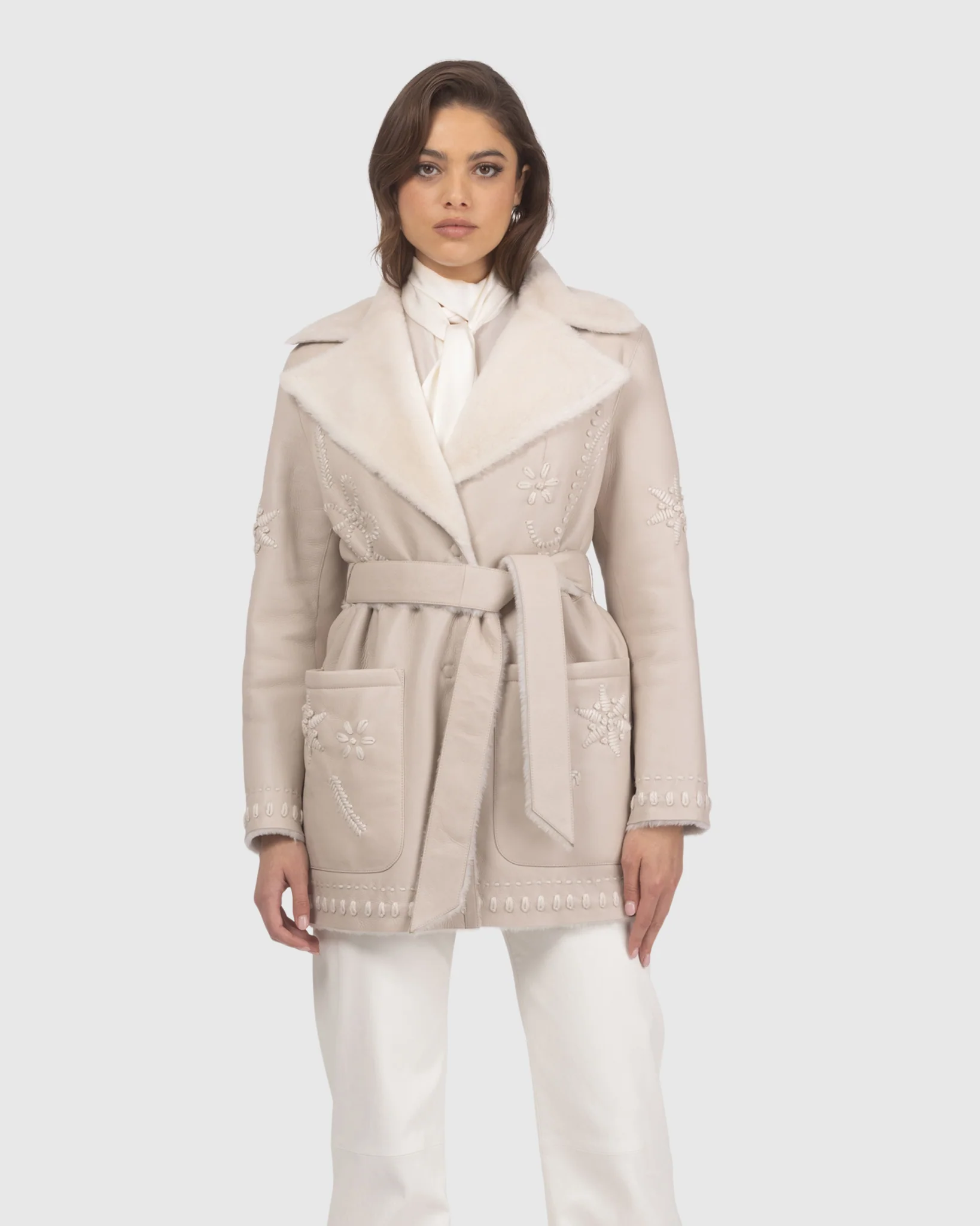 Merino Shearling Lamb Jacket With Embroidery, Belt - Image 5