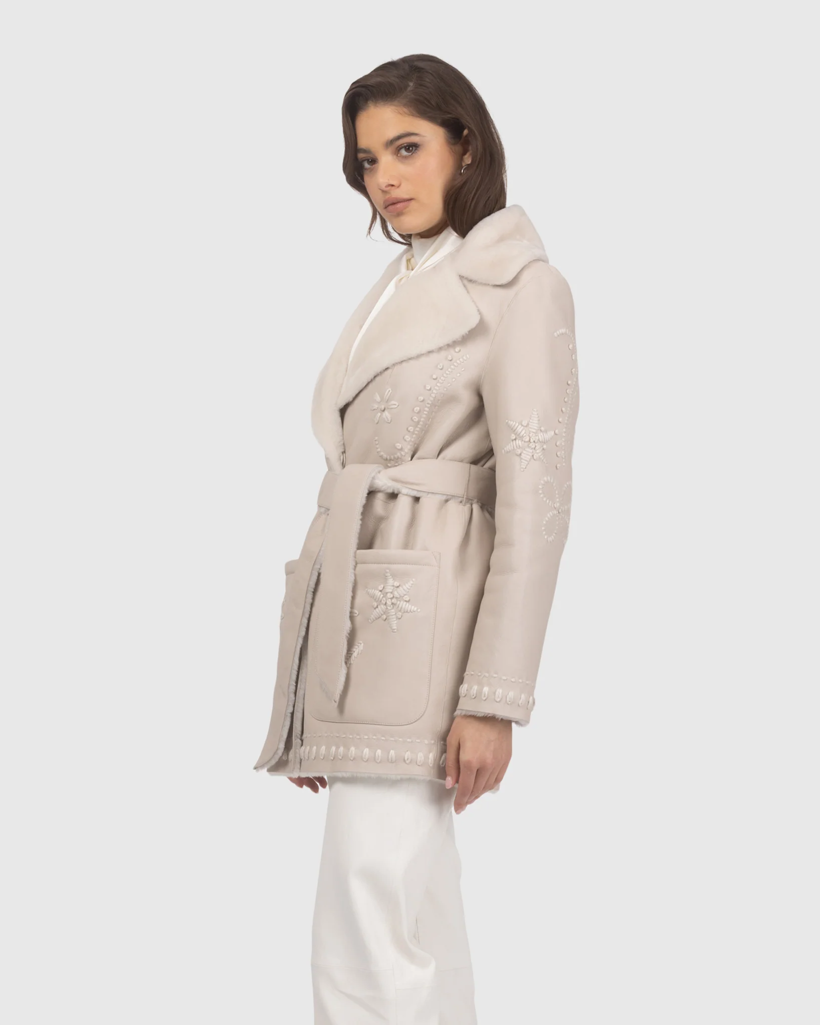 Merino Shearling Lamb Jacket With Embroidery, Belt - Image 6