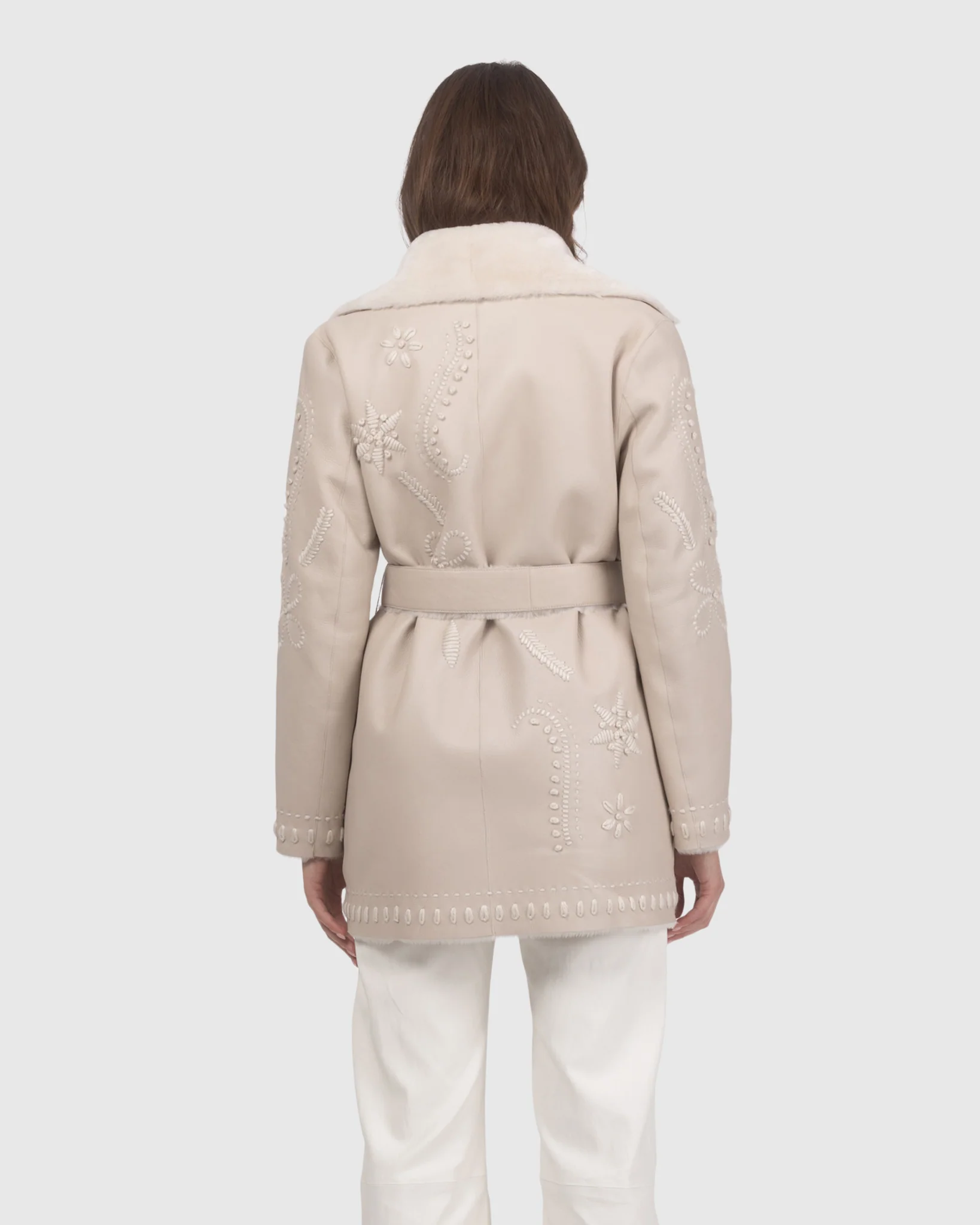 Merino Shearling Lamb Jacket With Embroidery, Belt - Image 7