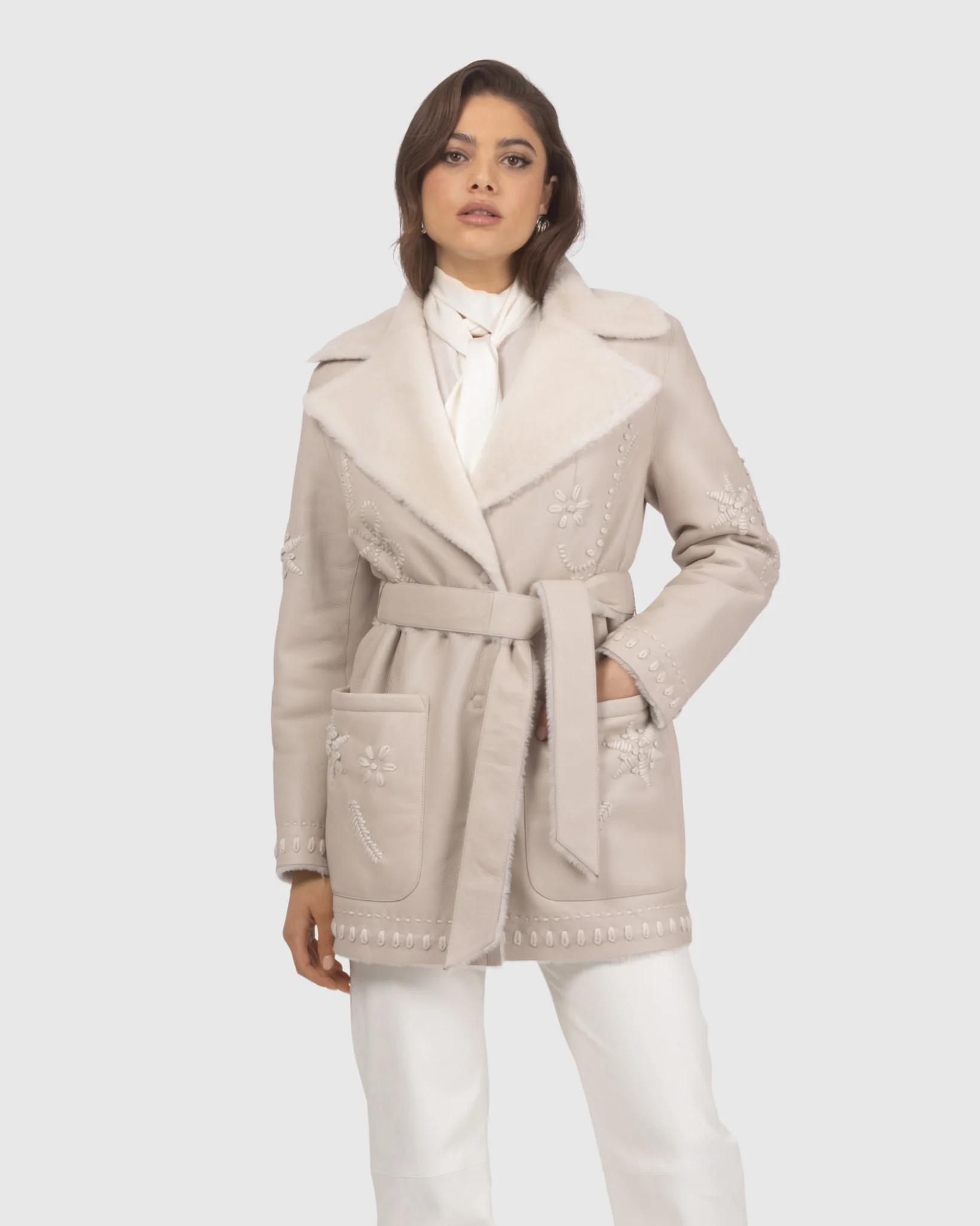 Merino Shearling Lamb Jacket With Embroidery, Belt - Image 8
