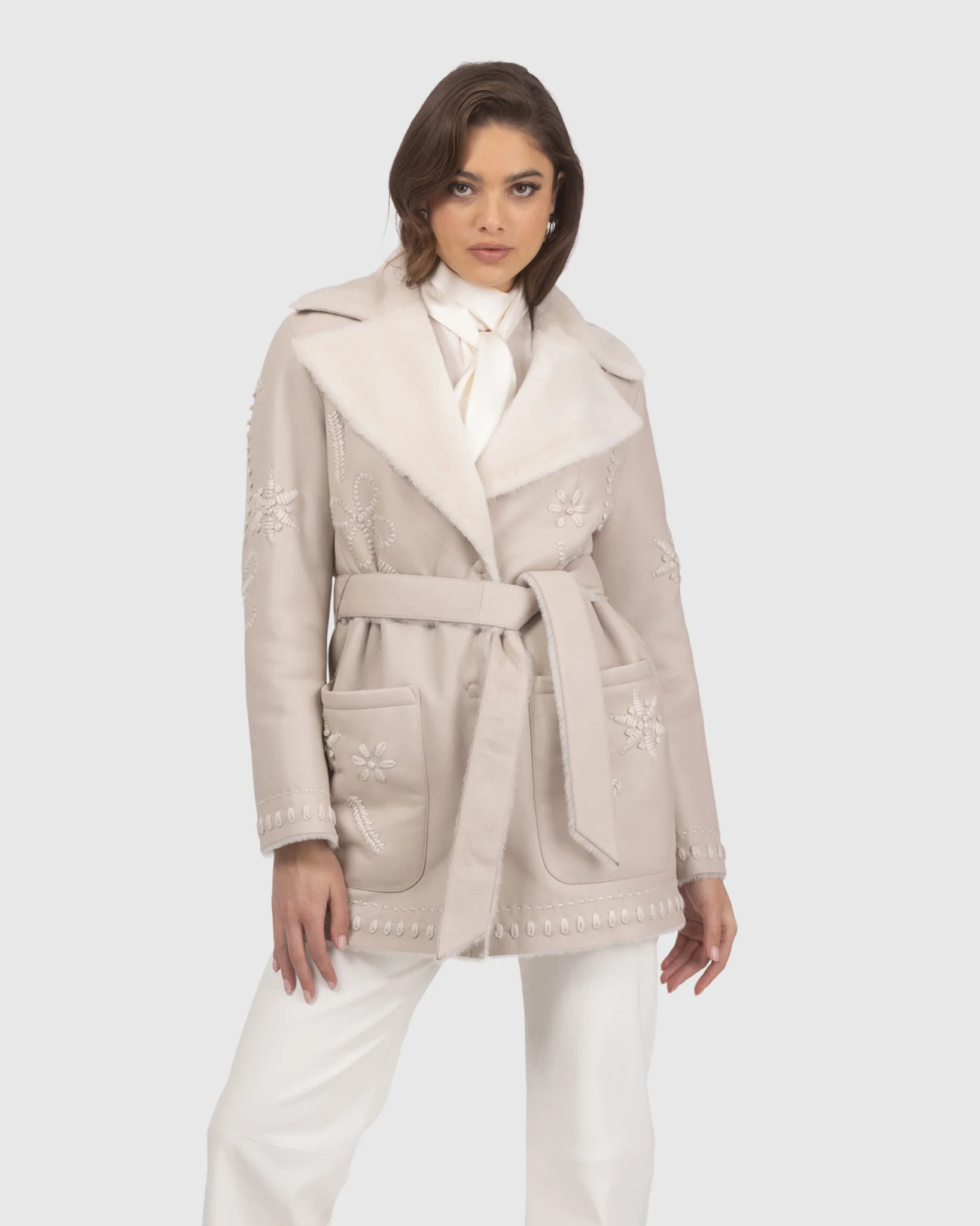 Merino Shearling Lamb Jacket With Embroidery, Belt - Image 9