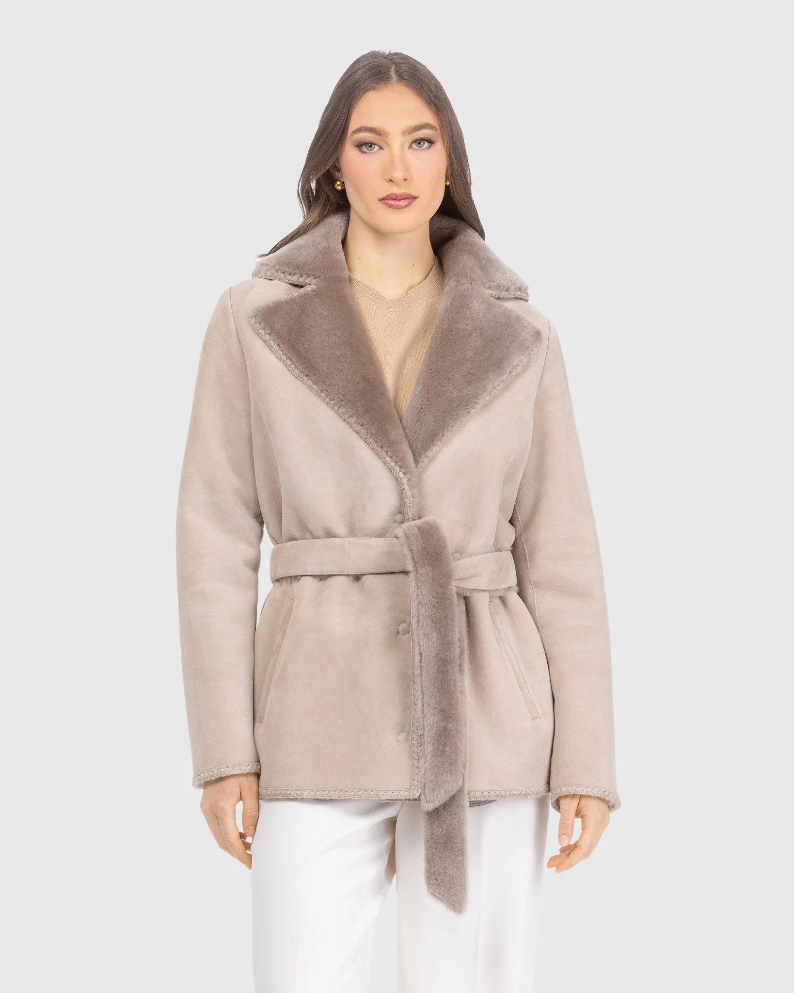 Merino Shearling Lamb Jacket With Whipstitch Trim, Belt