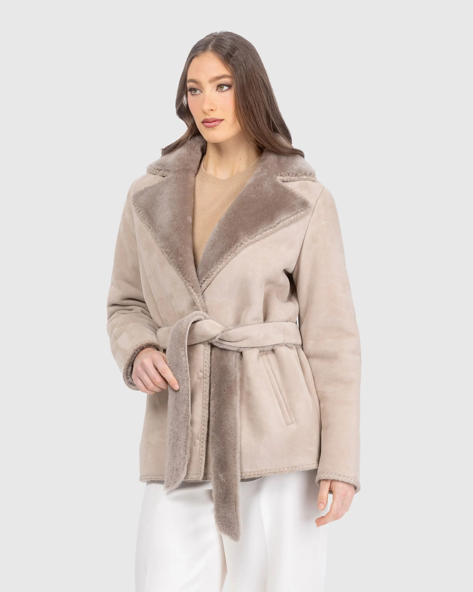 Merino Shearling Lamb Jacket With Whipstitch Trim, Belt - Image 2