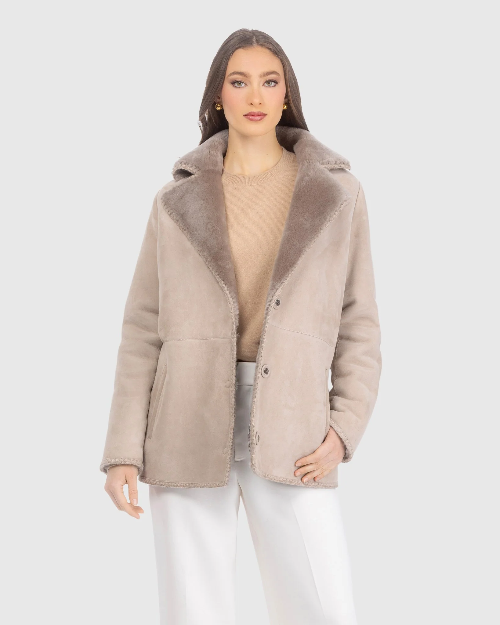 Merino Shearling Lamb Jacket With Whipstitch Trim, Belt - Image 5