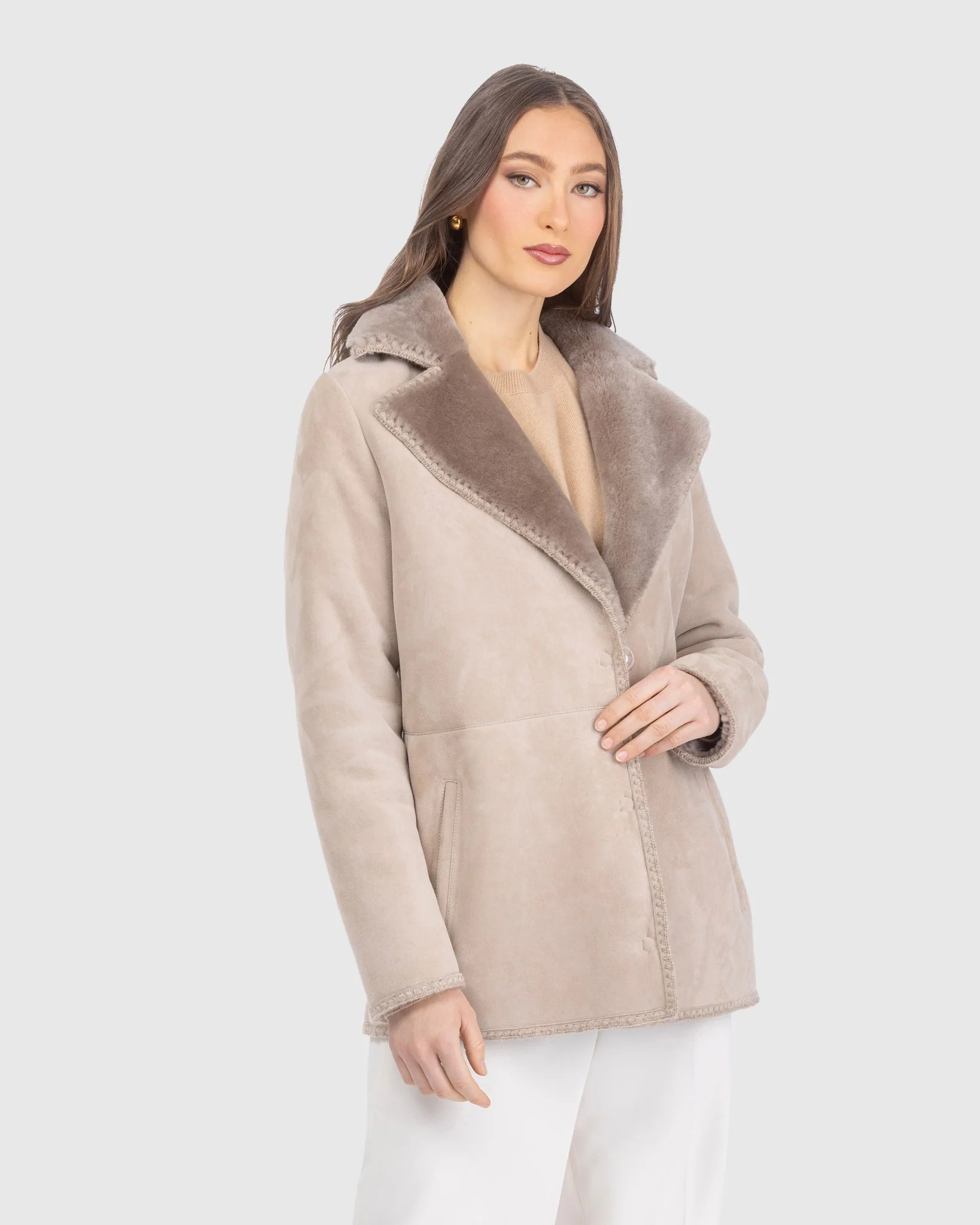 Merino Shearling Lamb Jacket With Whipstitch Trim, Belt - Image 6