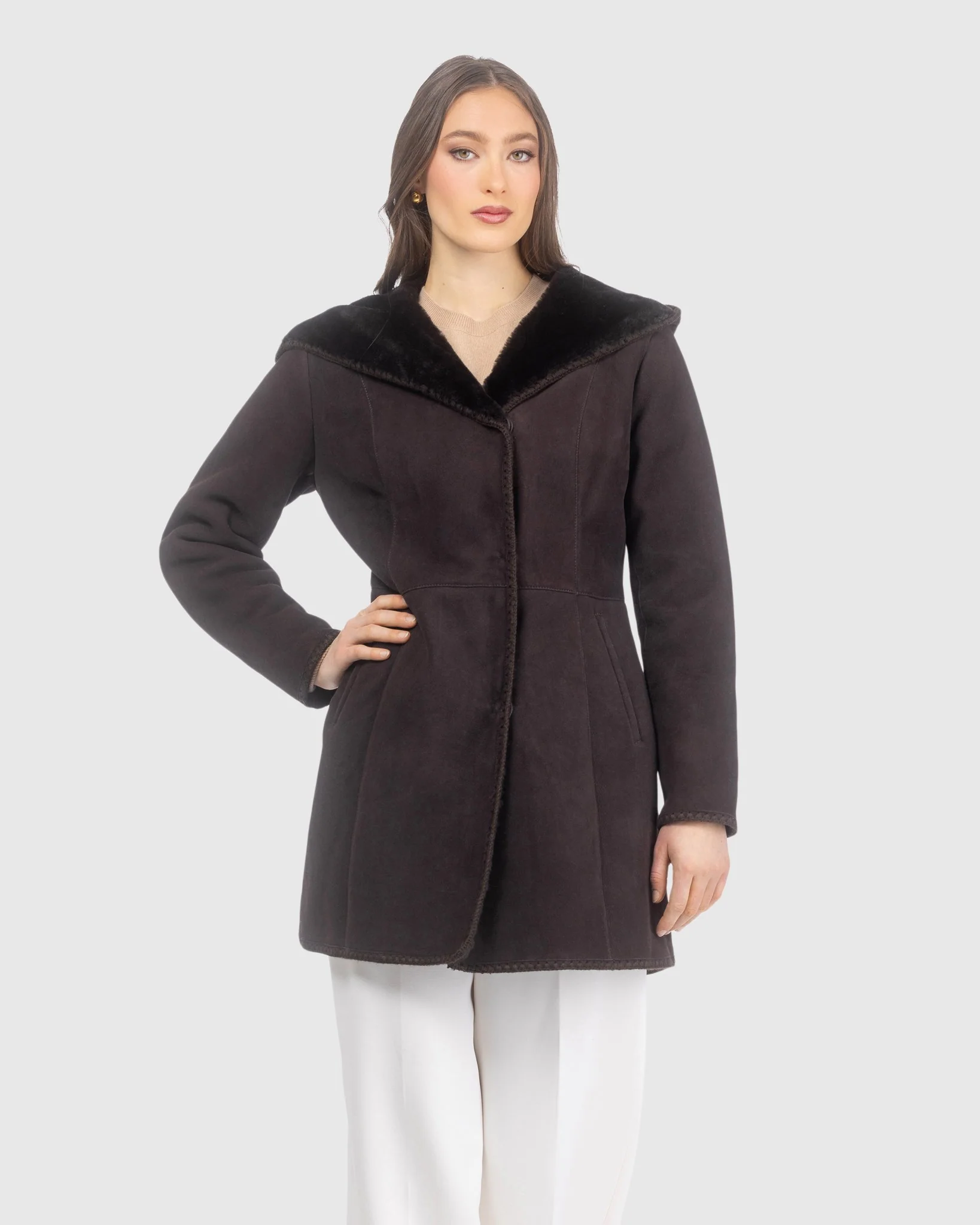 Merino Shearling Lamb Jacket With Emboidered Trim, Hood