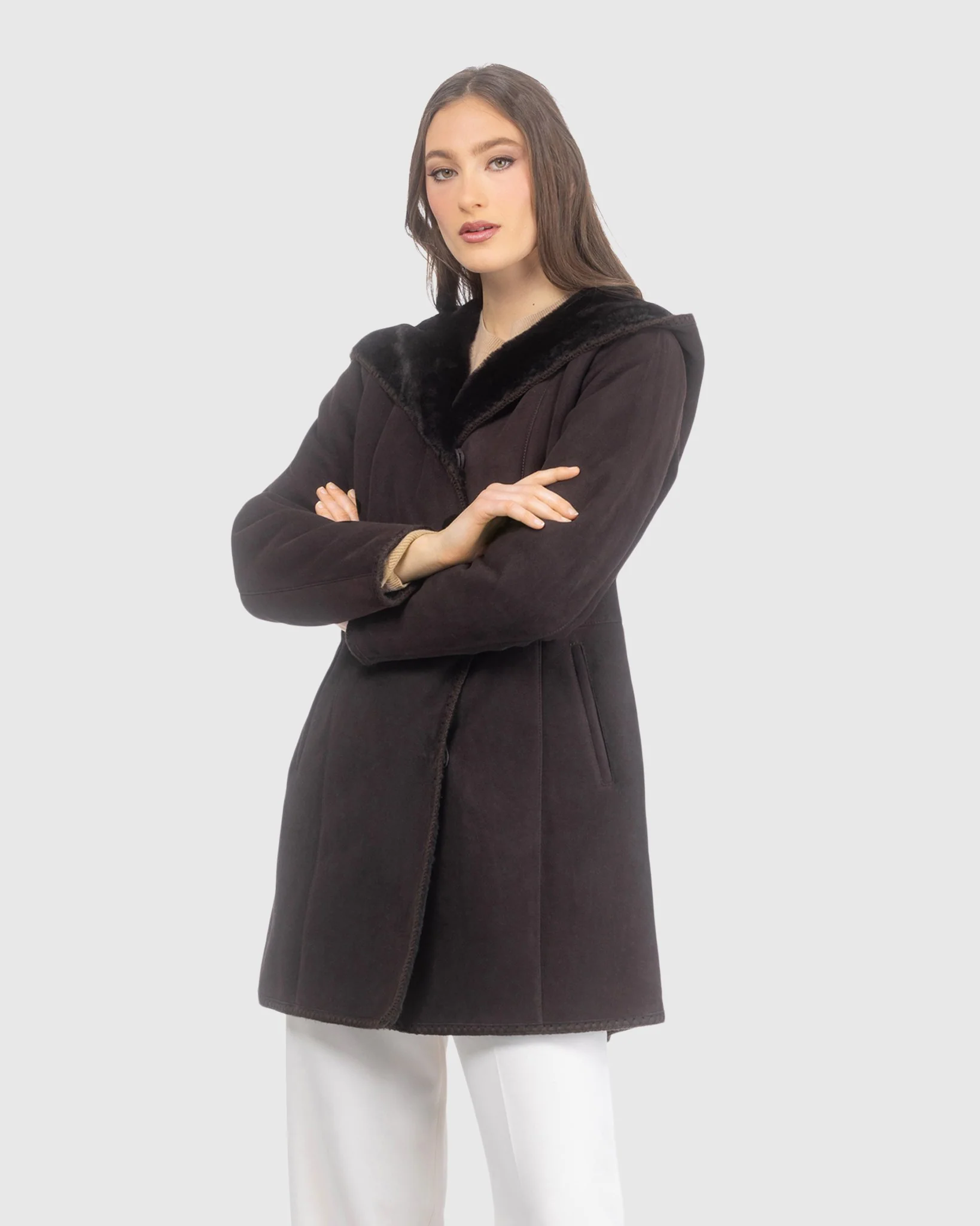 Merino Shearling Lamb Jacket With Emboidered Trim, Hood - Image 2
