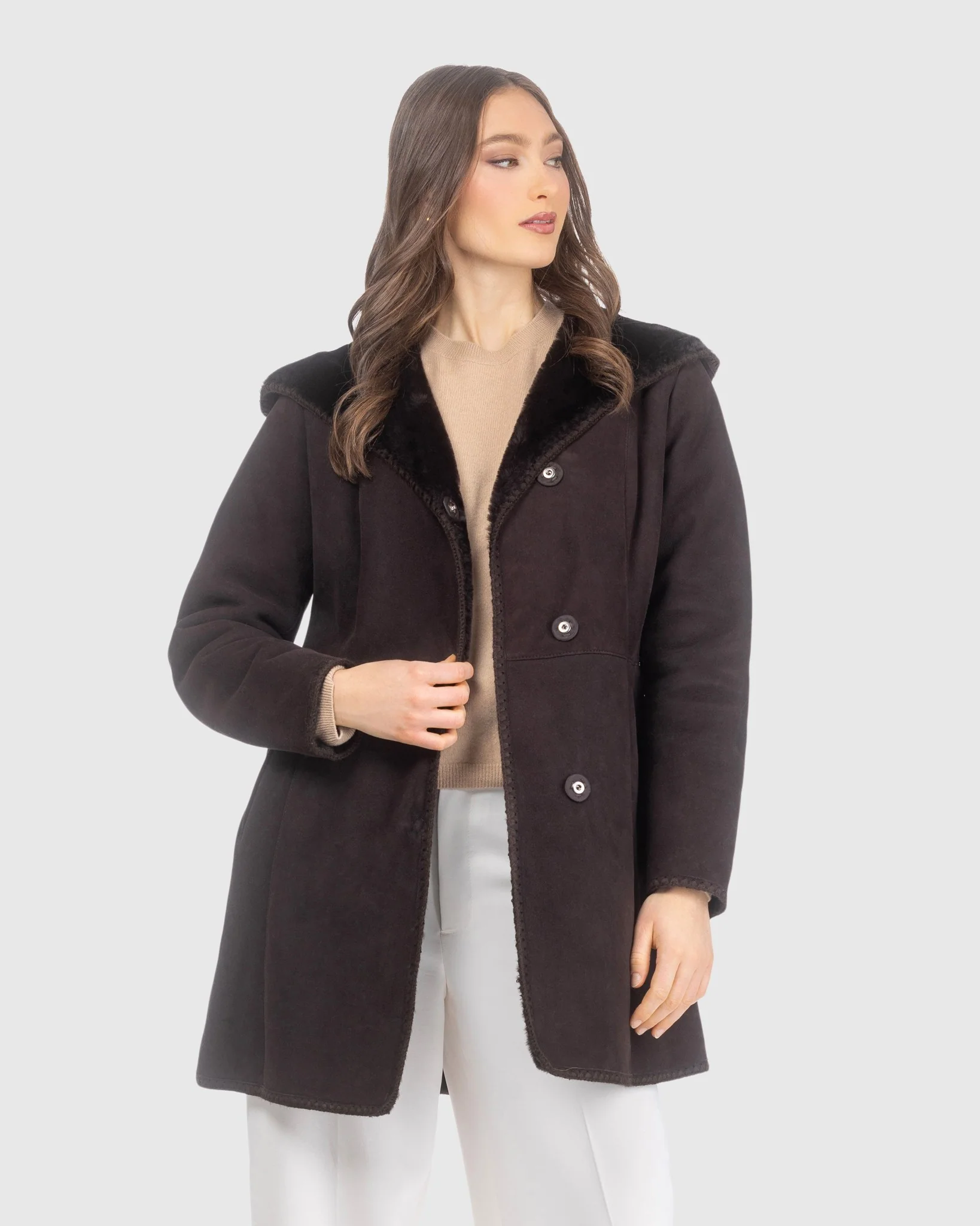 Merino Shearling Lamb Jacket With Emboidered Trim, Hood - Image 3