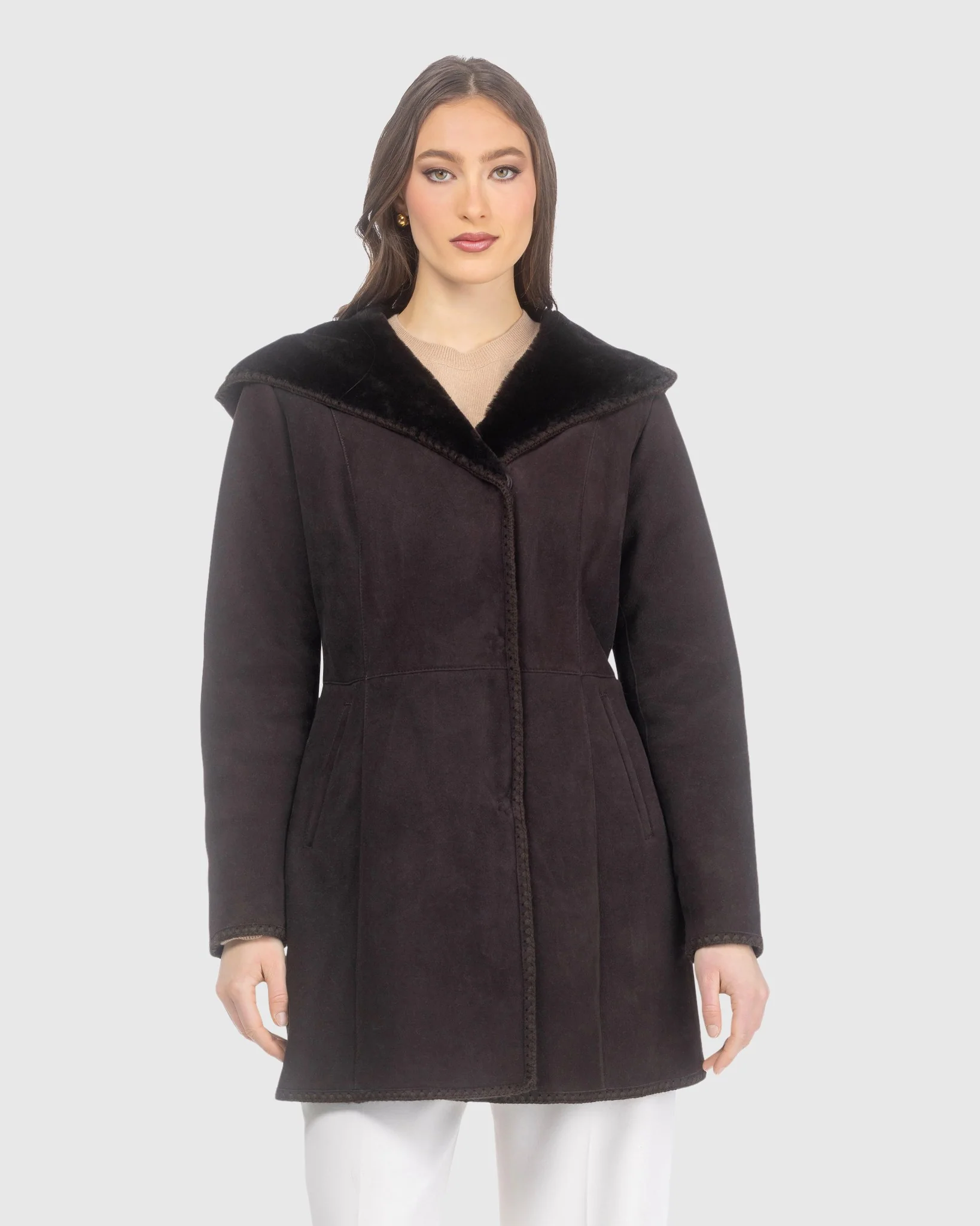 Merino Shearling Lamb Jacket With Emboidered Trim, Hood - Image 4