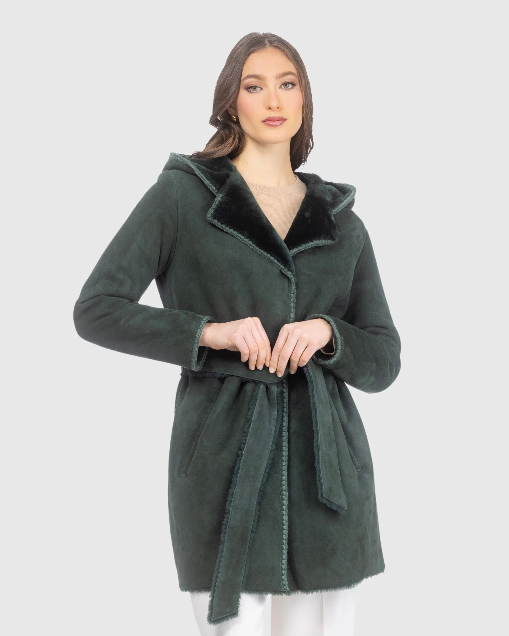 Merino Shearling Lamb Coat With Embroidered Trim, Belt, Hood