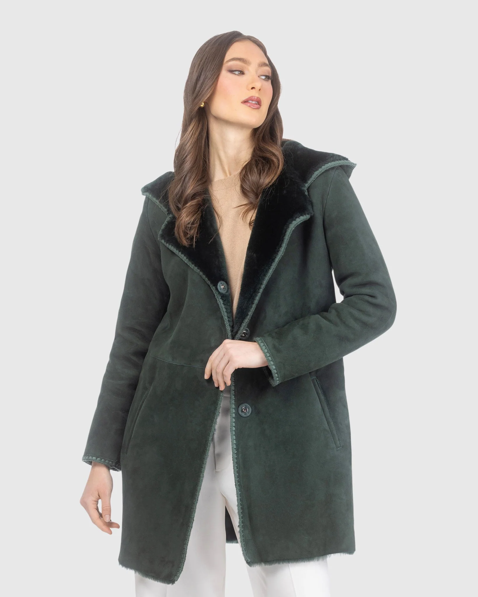 Merino Shearling Lamb Coat With Embroidered Trim, Belt, Hood - Image 2