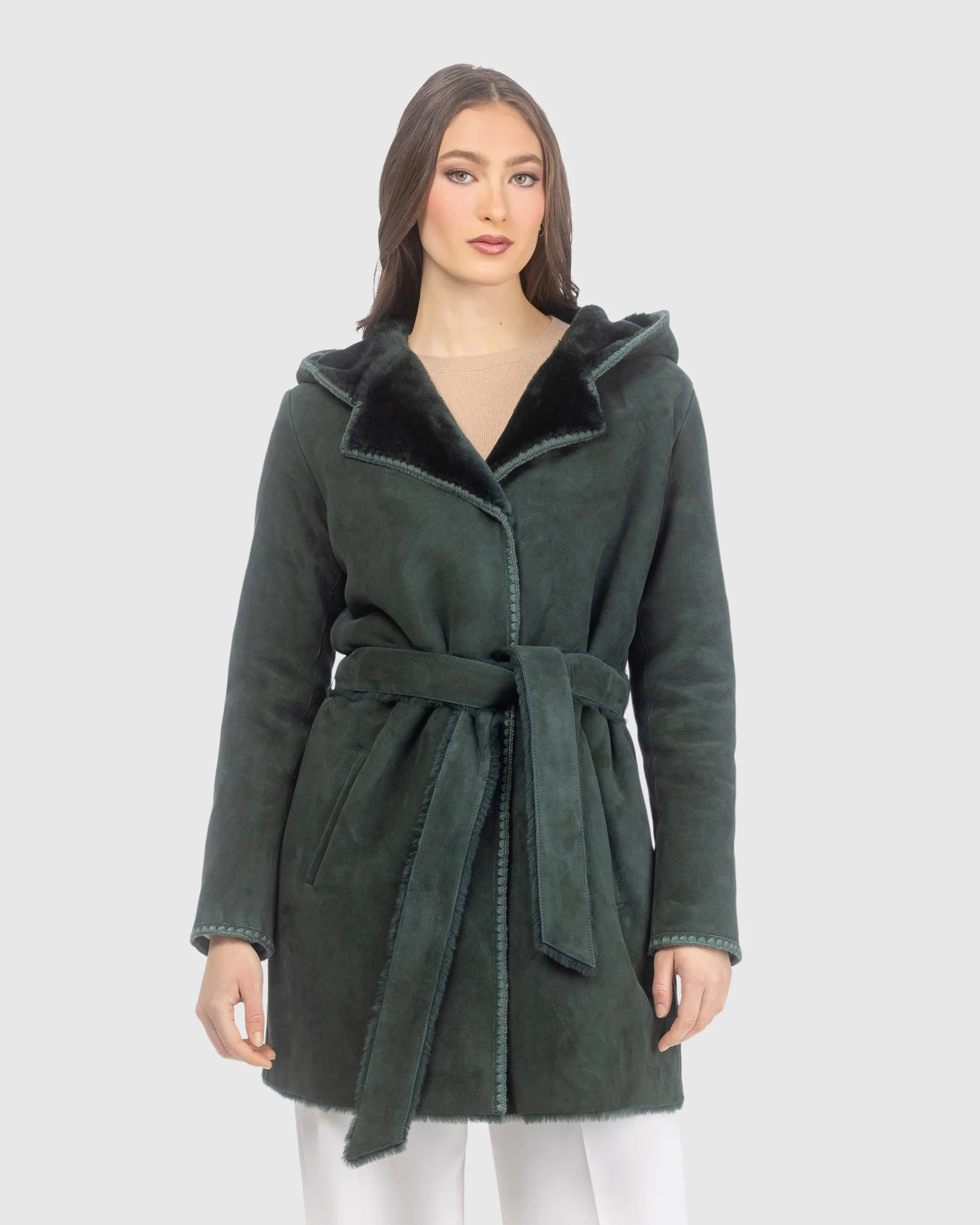 Merino Shearling Lamb Coat With Embroidered Trim, Belt, Hood - Image 3