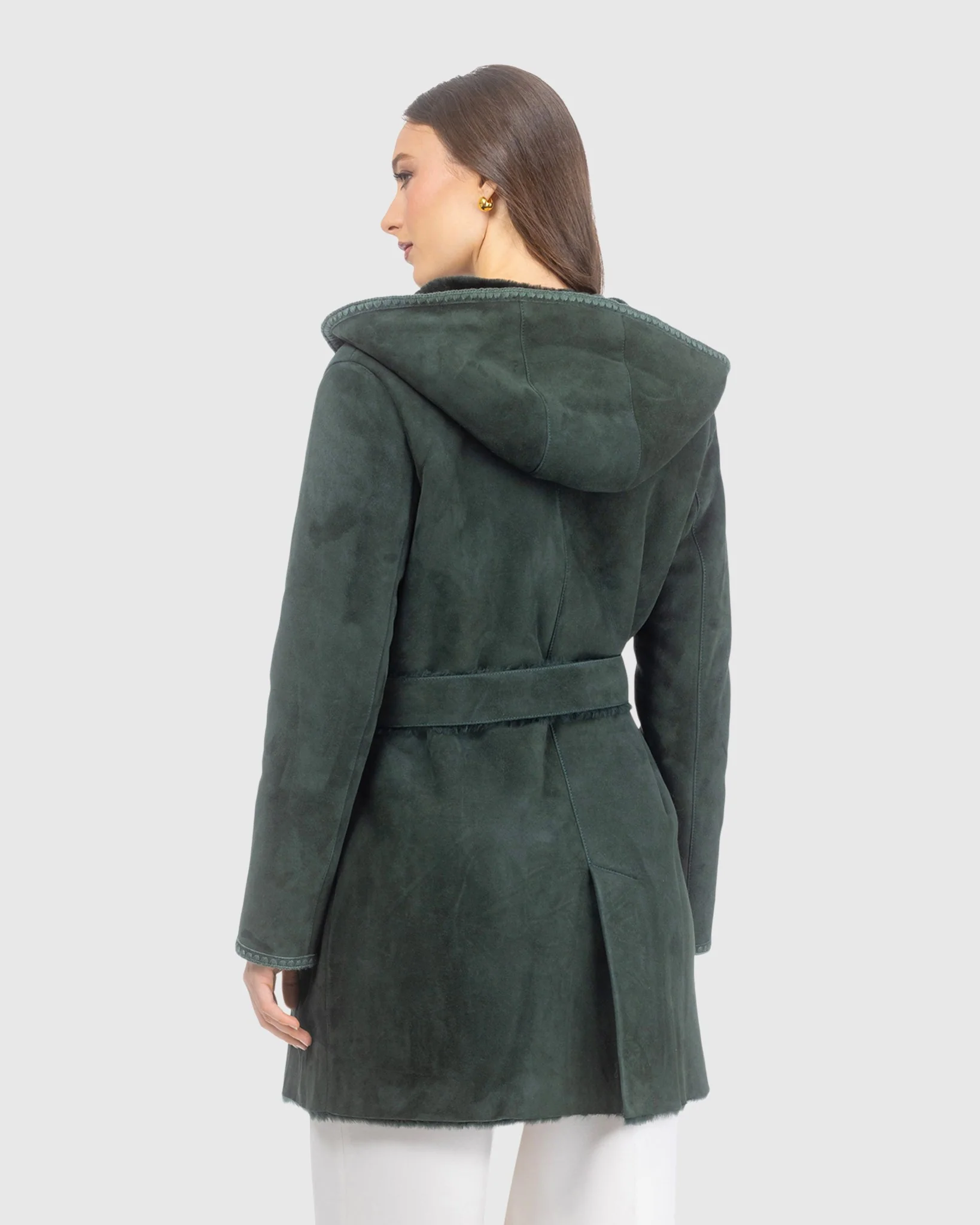 Merino Shearling Lamb Coat With Embroidered Trim, Belt, Hood - Image 5