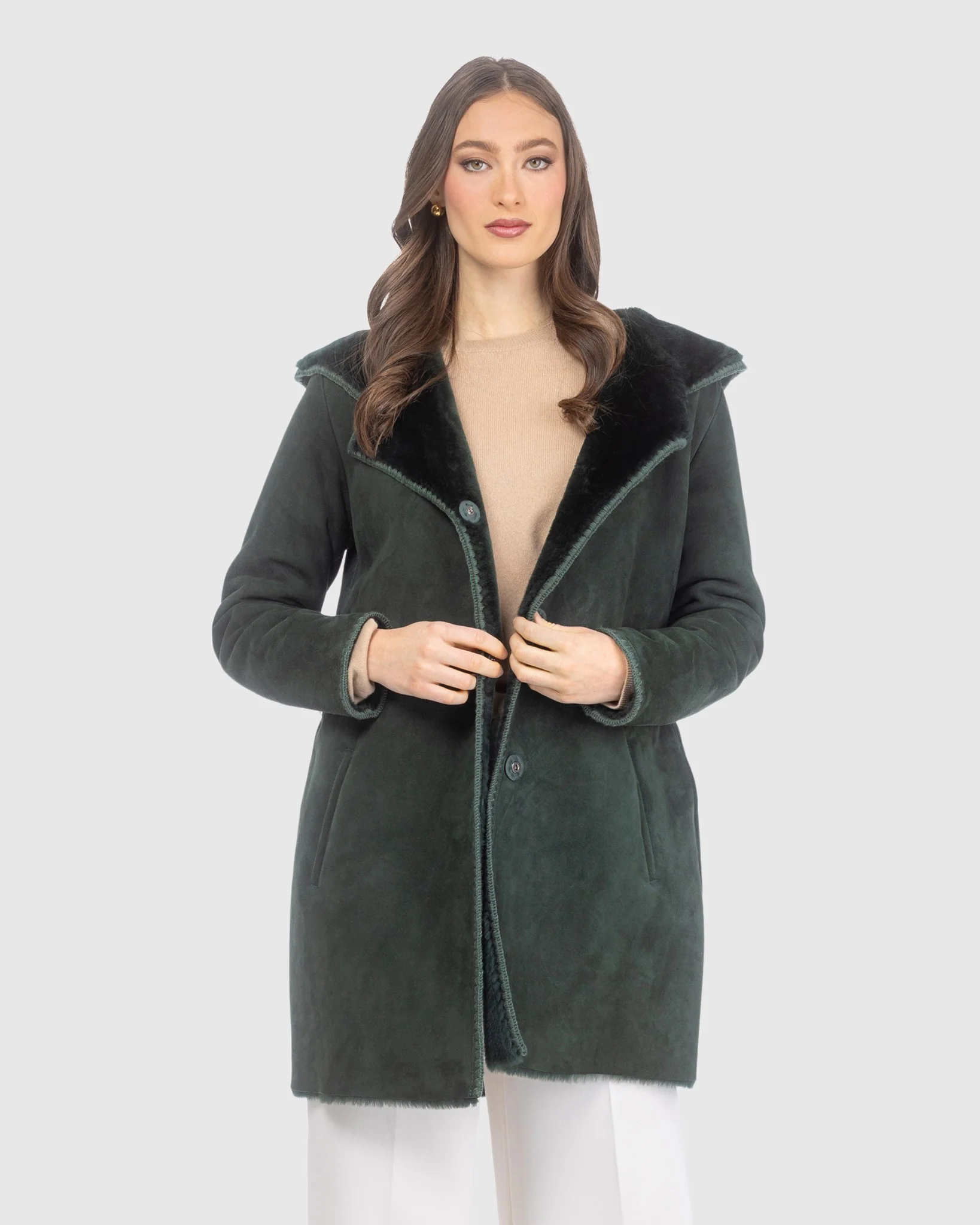 Merino Shearling Lamb Coat With Embroidered Trim, Belt, Hood - Image 6