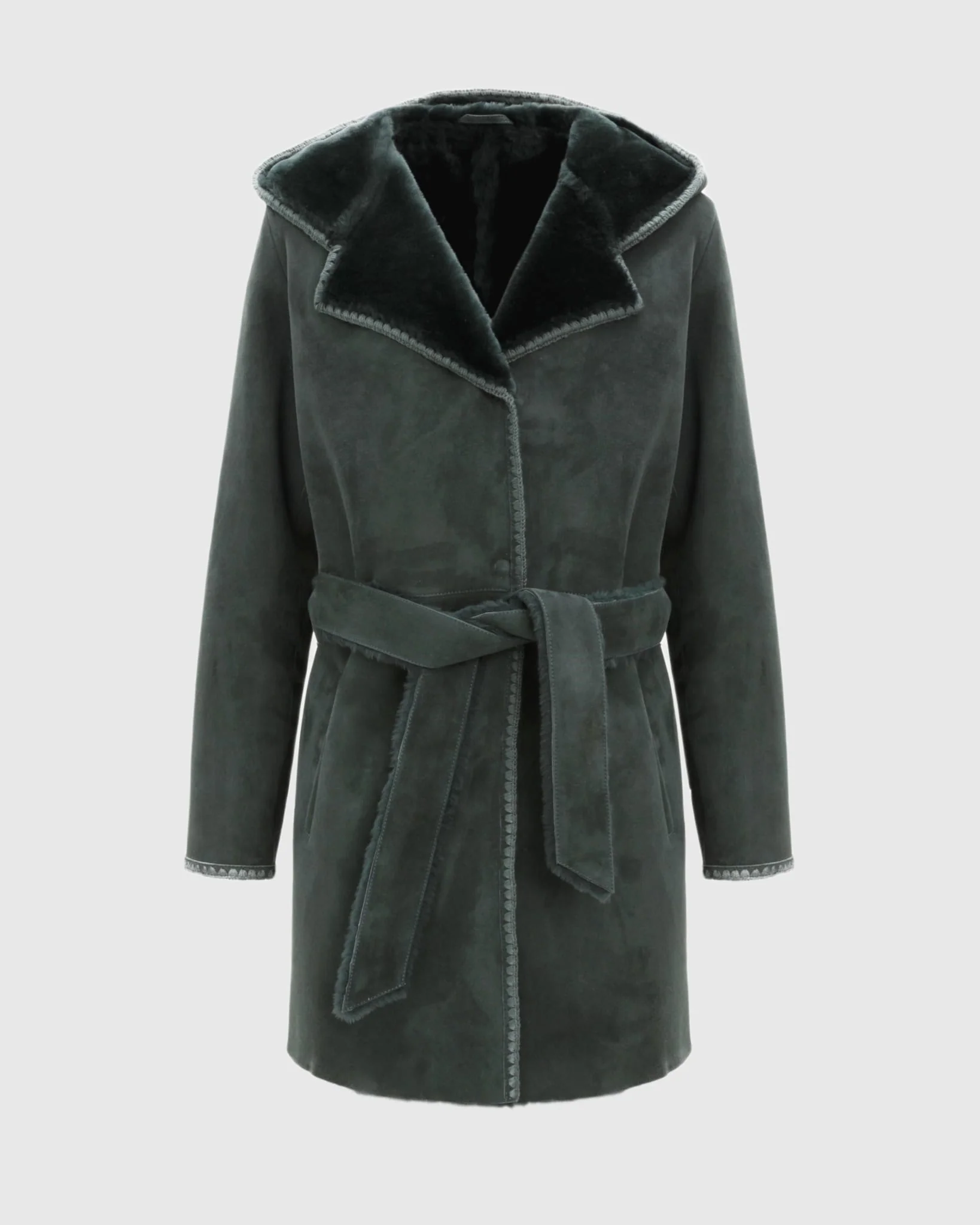 Merino Shearling Lamb Coat With Embroidered Trim, Belt, Hood - Image 7