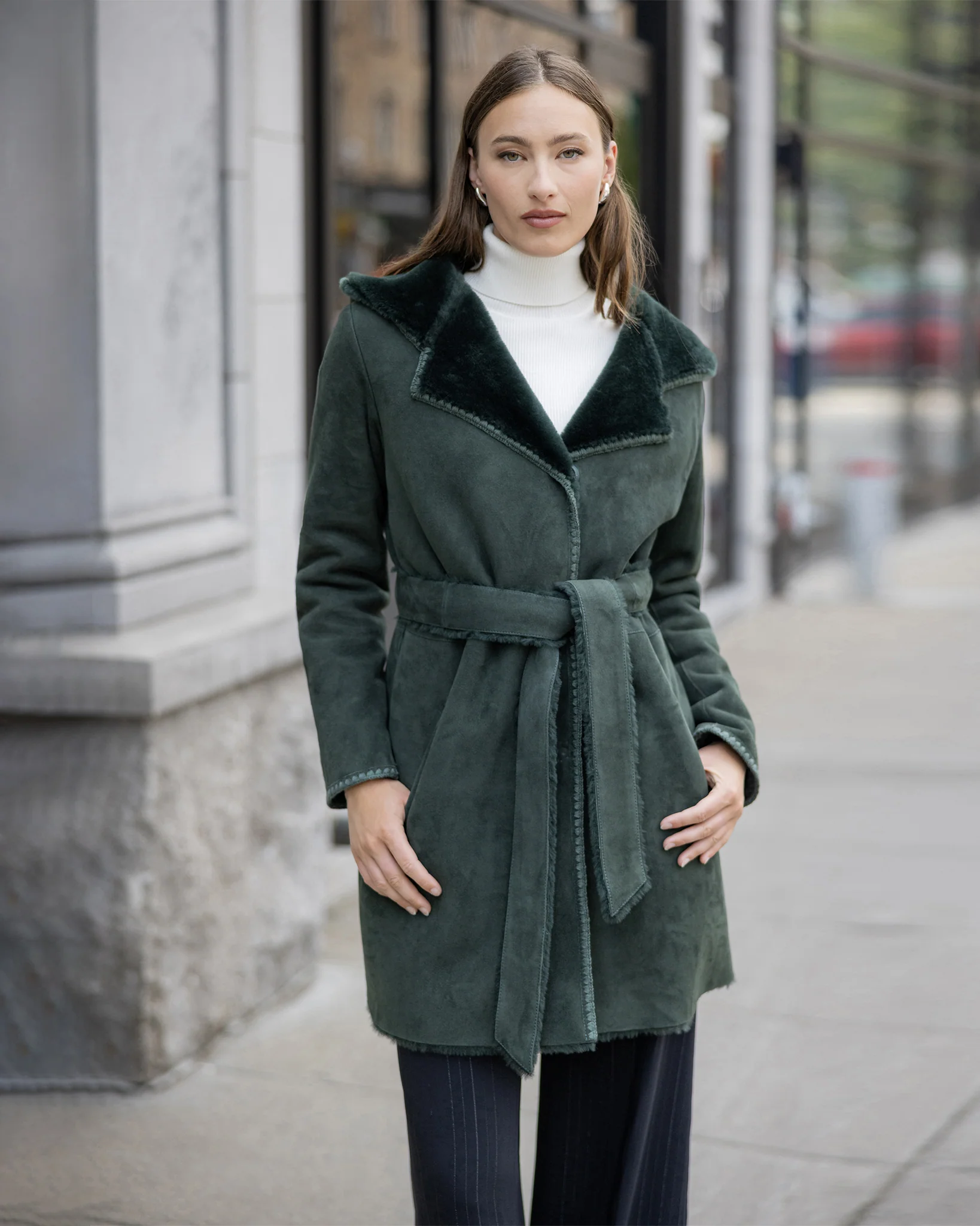 Merino Shearling Lamb Coat With Embroidered Trim, Belt, Hood - Image 8