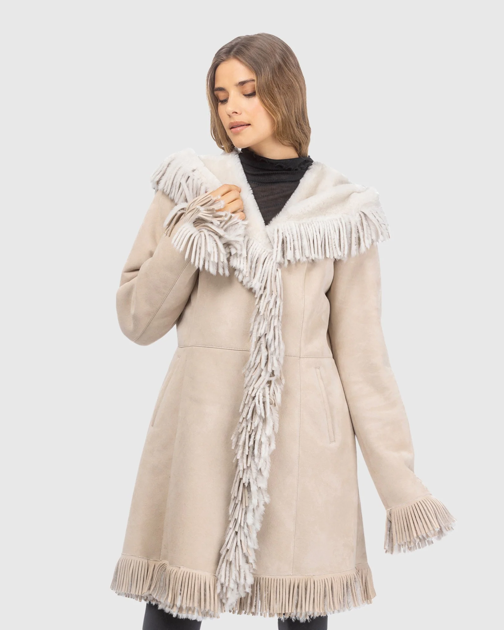Merino Shearling Lamb Coat With Fringes, Hood - Image 3