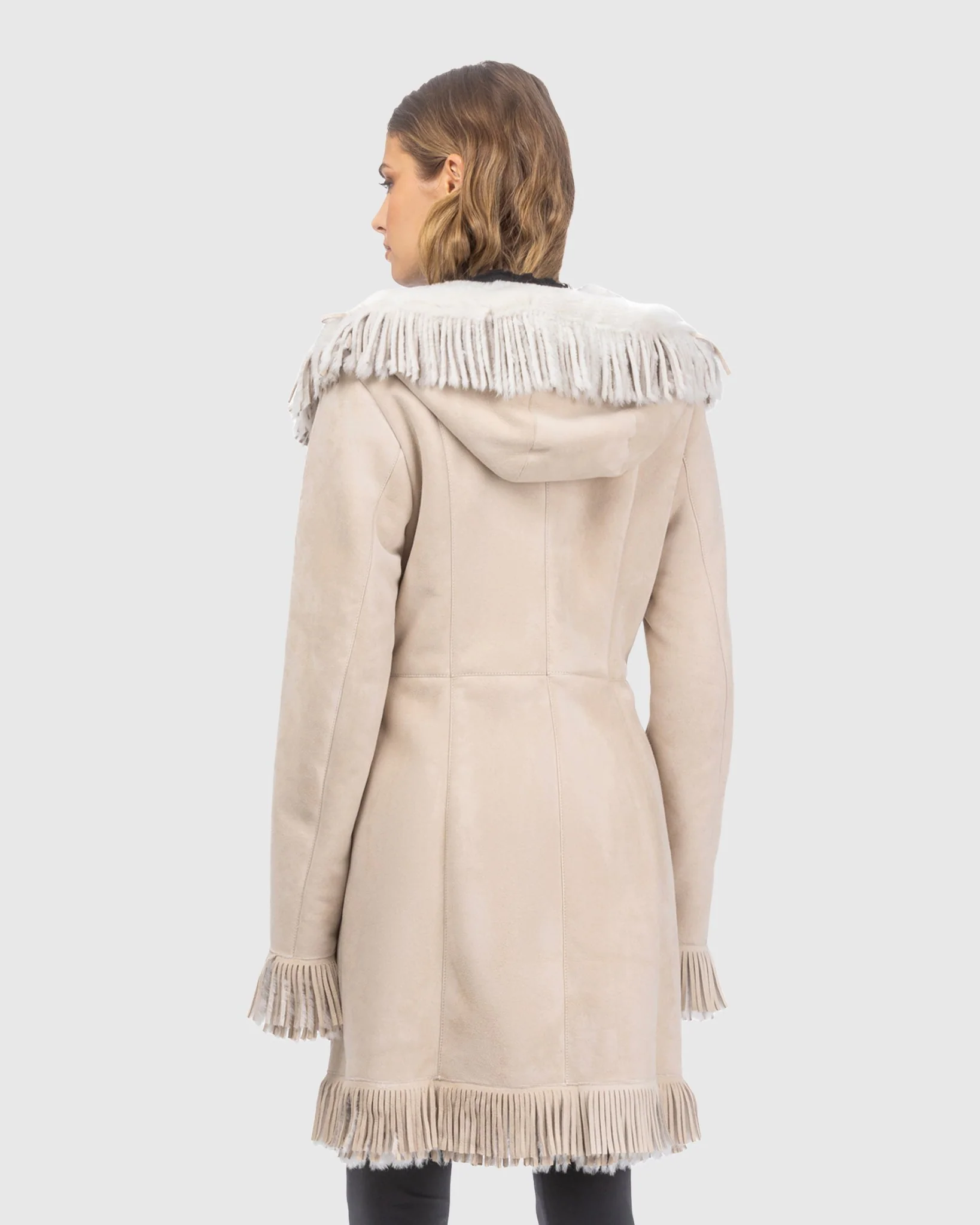 Merino Shearling Lamb Coat With Fringes, Hood - Image 4