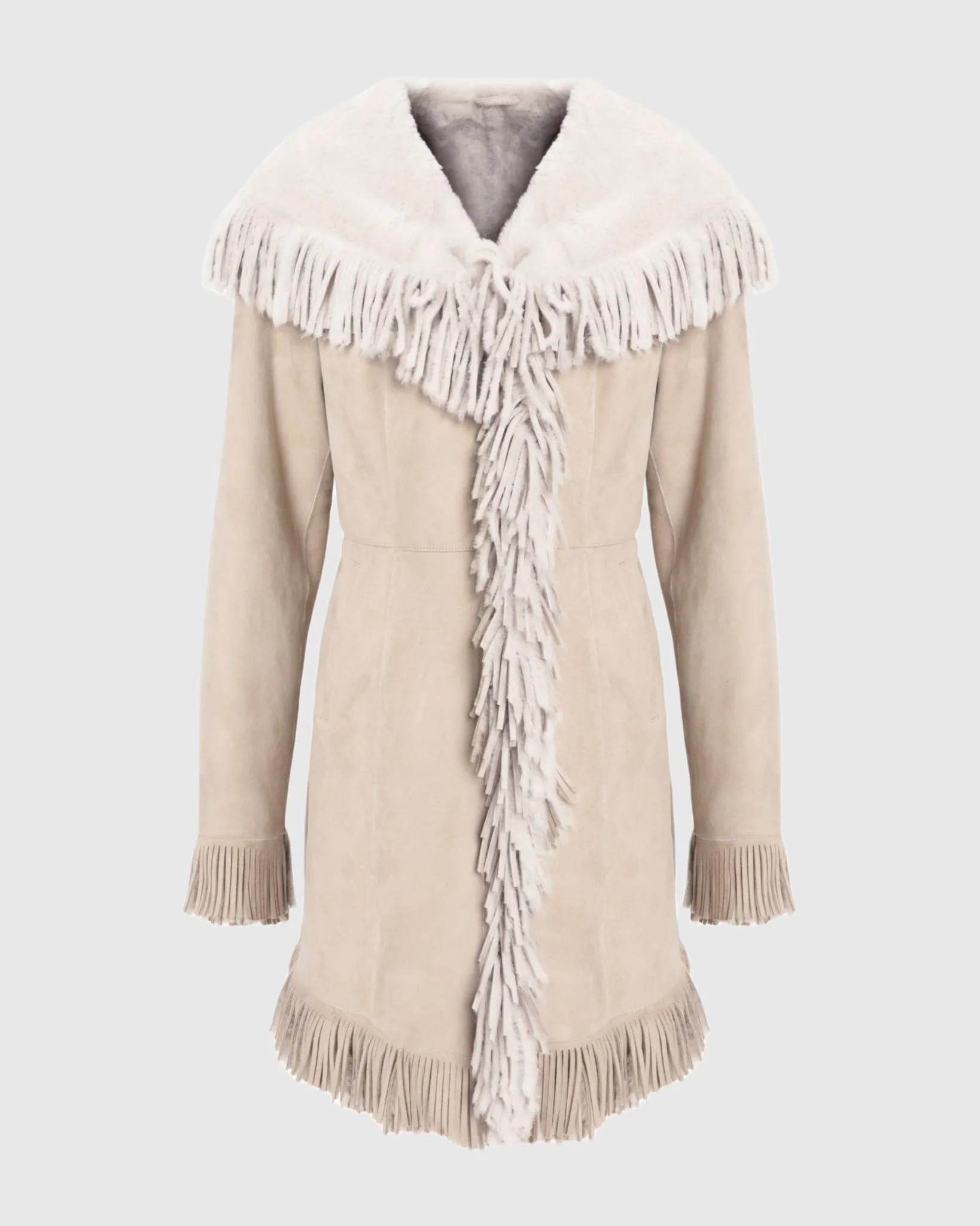 Merino Shearling Lamb Coat With Fringes, Hood - Image 6