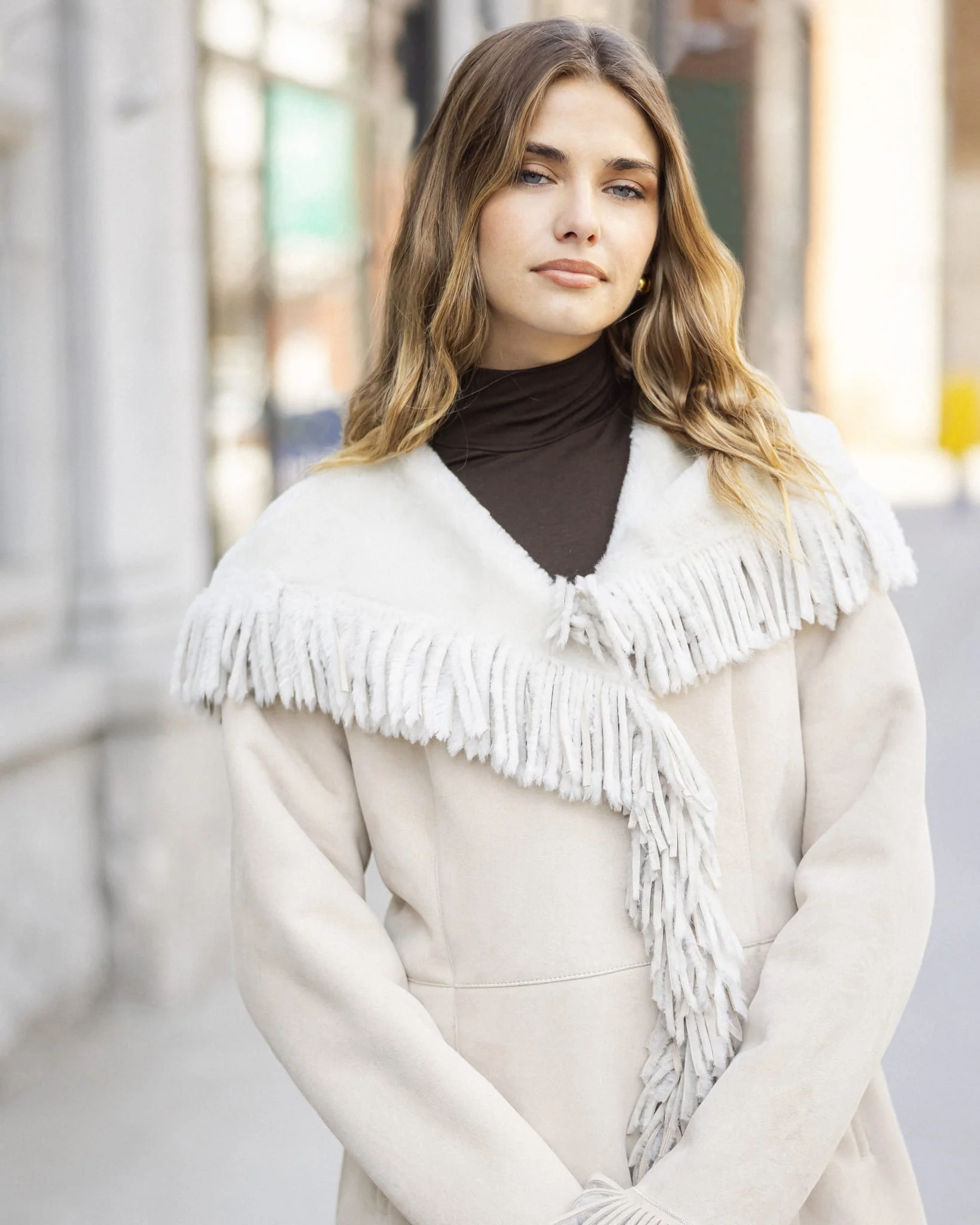 Merino Shearling Lamb Coat With Fringes, Hood - Image 7
