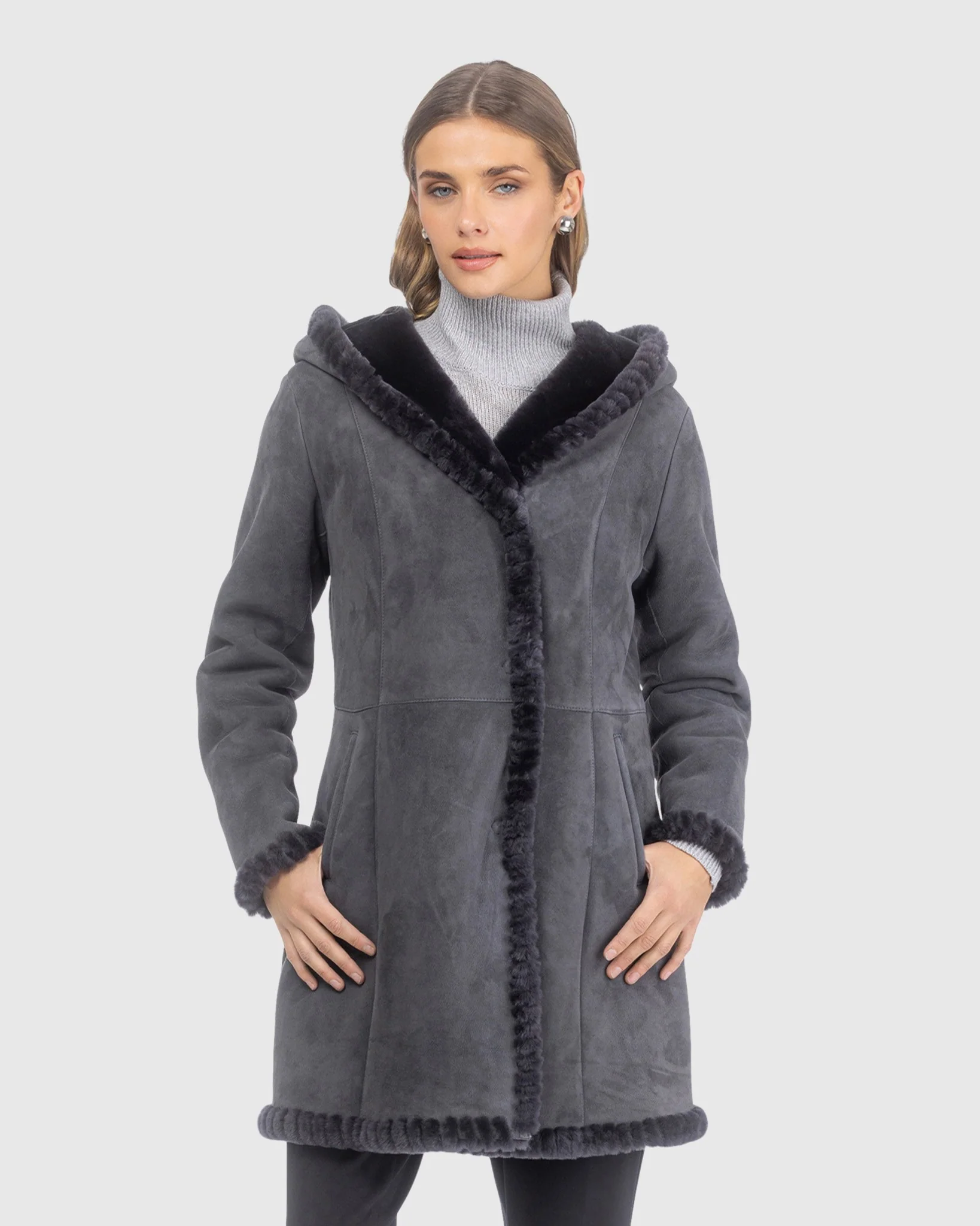 Merino Shearling LambCoat With Whipstitch Trim, Hood